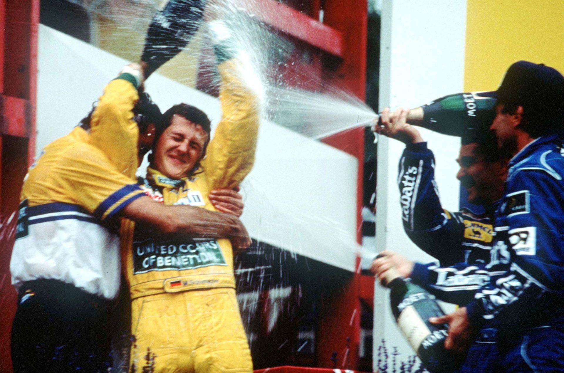 Michael Schumacher celebrates his first Grand Prix victory at Spa on August 30, 1992. Photograph: Getty Images.