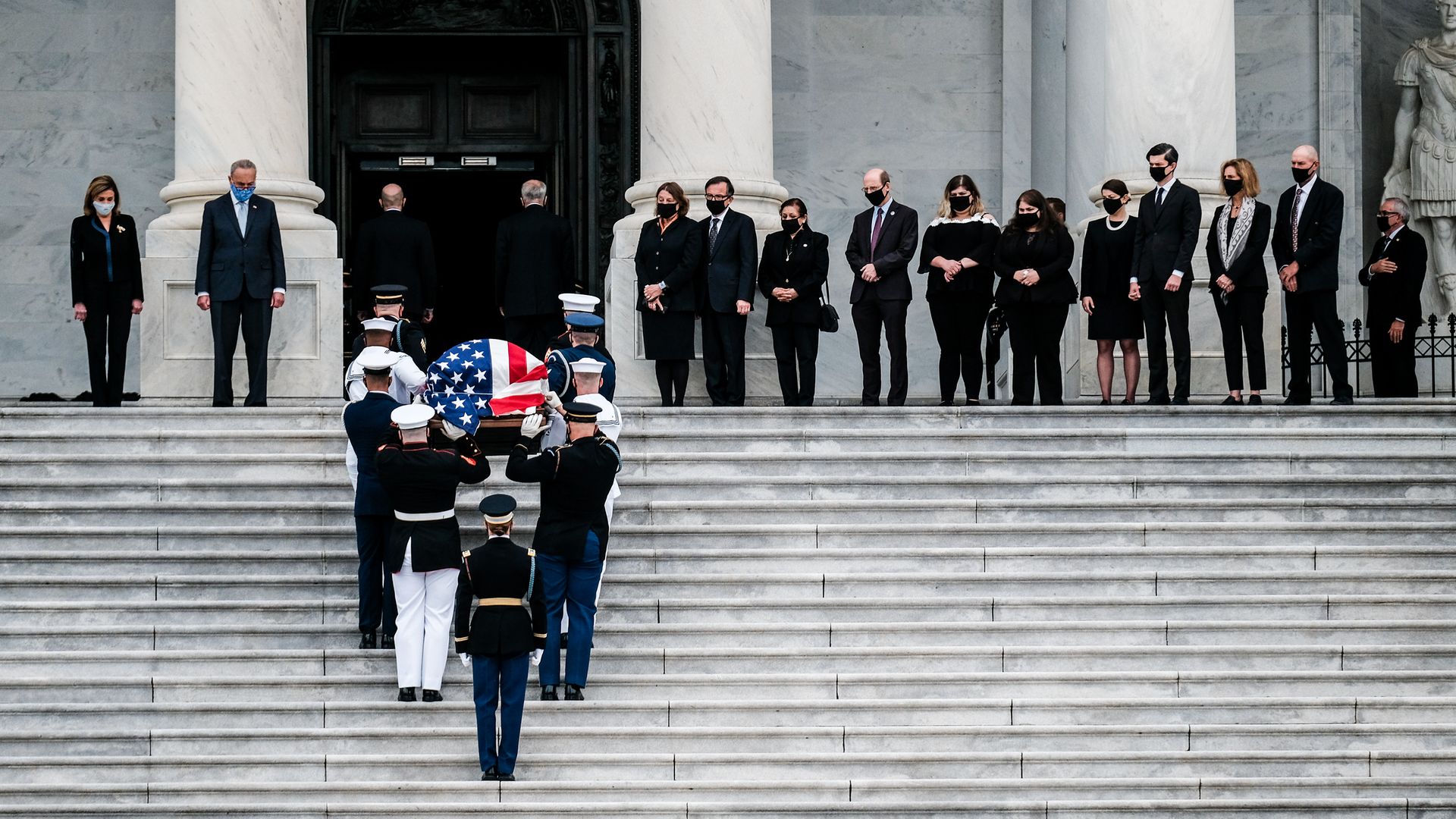 A military honour guard team carries the casket of the late Supreme Court Justice Ruth Bader Ginsburg into the U.S. Capitol to lie in state - Credit: Getty Images