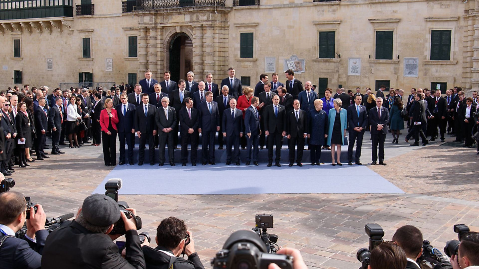 Delegates from the EU Informal Summit gather for the family photo at the Grandmaster's Palace in Valletta, Malta, during an informal summit. - Credit: PA Wire/PA Images