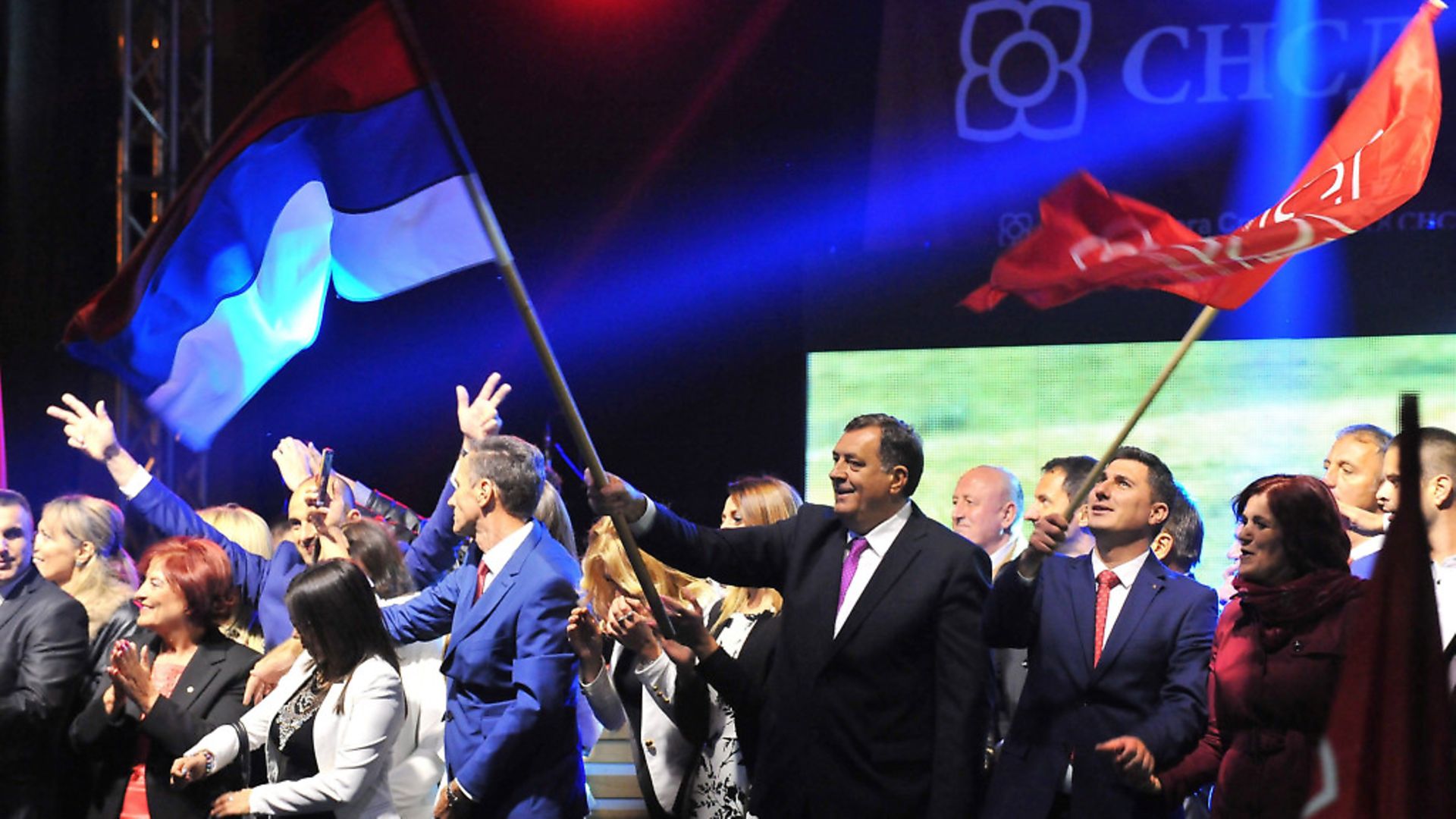 President of Bosnia and Herzegovina's entity Republika Srpska, Milorad Dodik acknowledges supporters during a rally in Pale near Sarajevo. - Credit: AFP/Getty Images