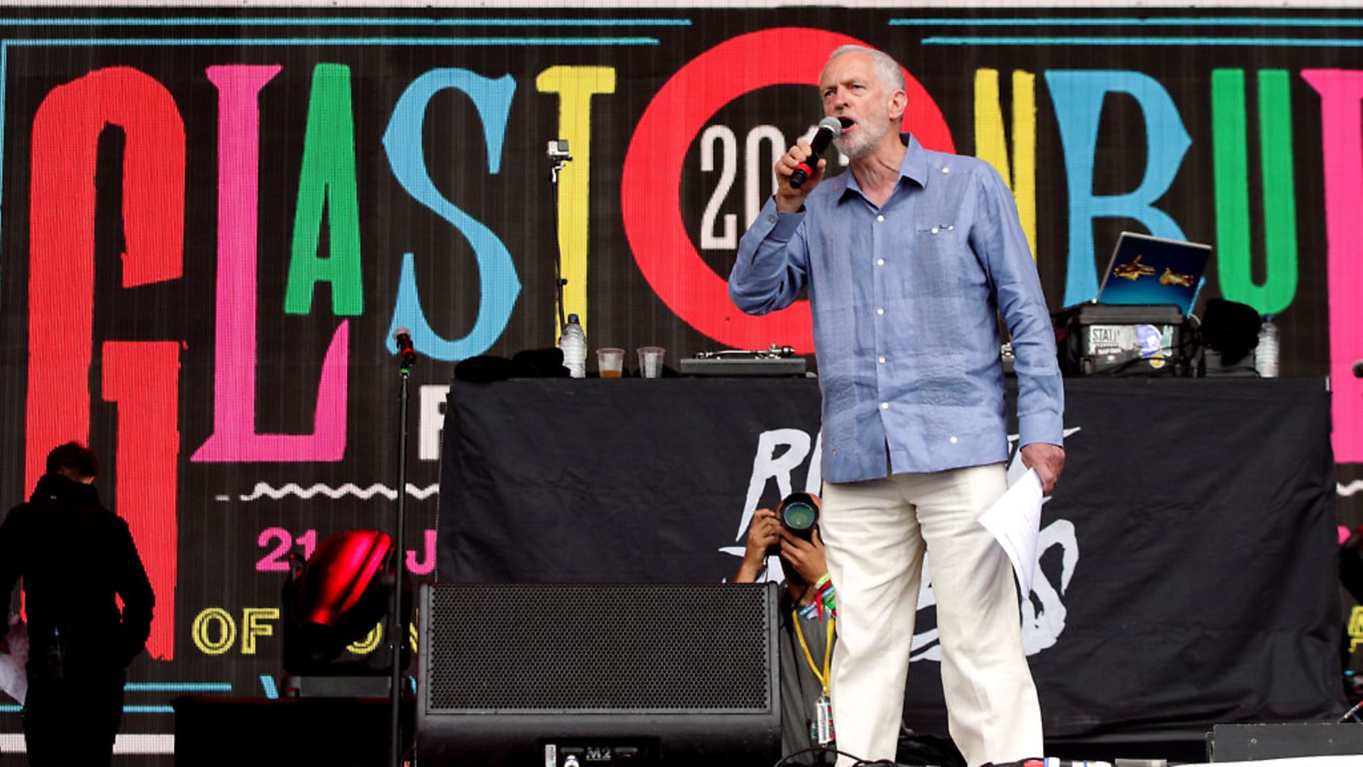 Labour leader Jeremy Corbyn speaks to the crowd from the Pyramid stage - Credit: PA Wire/PA Images