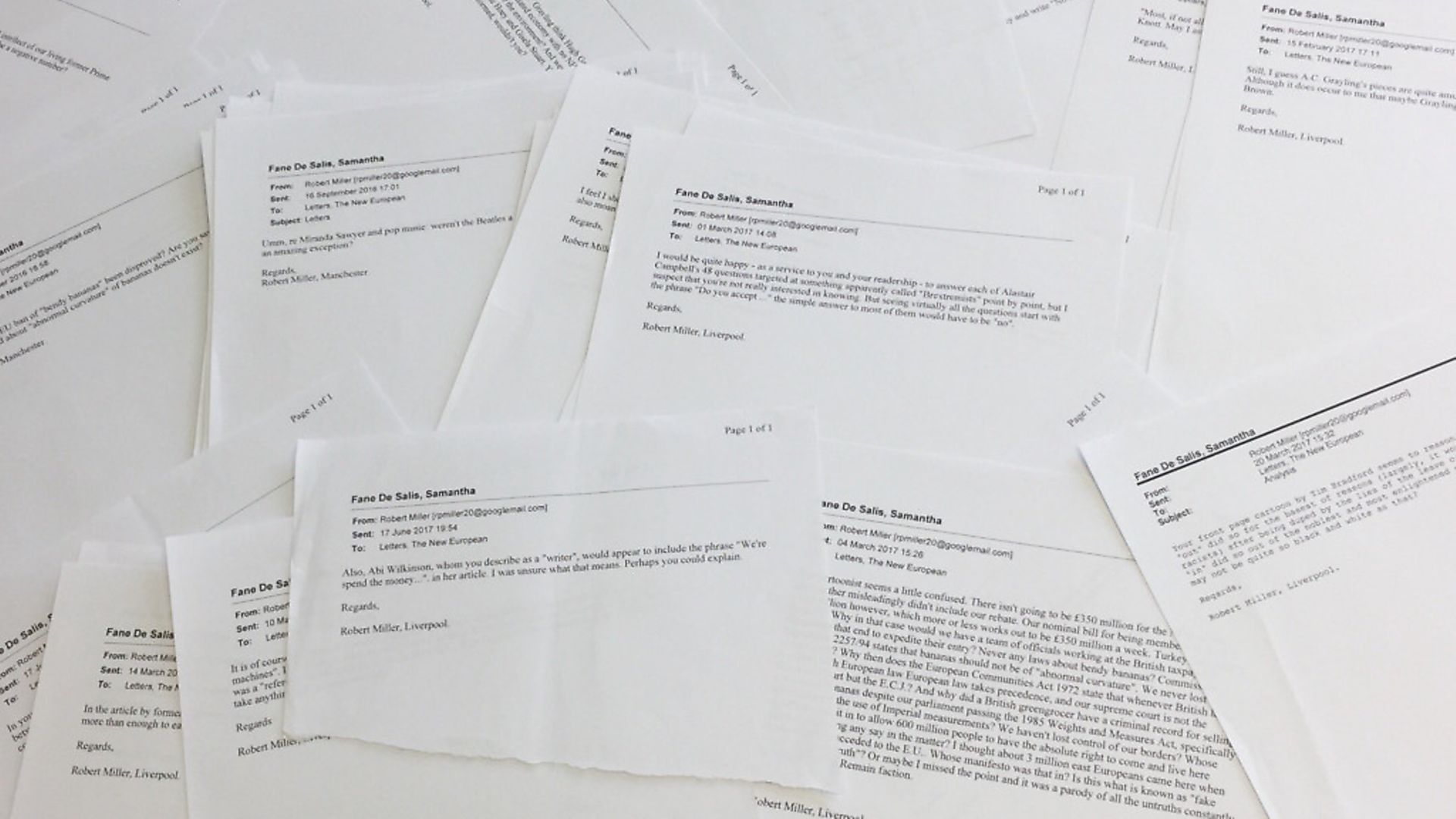 A selection of the many emails received by The New European from Robert Miller - Credit: Archant