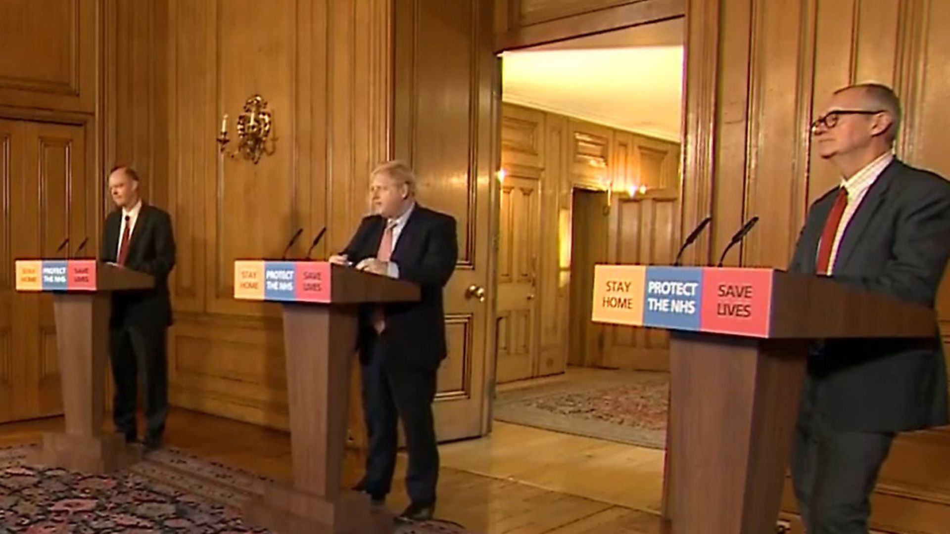 Chief Medical Officer Chris Whitty, Prime Minister Boris Johnson and Chief Scientific Adviser Sir Patrick Vallance during a media briefing at 10 Downing Street. Photograph: PA Video. - Credit: PA