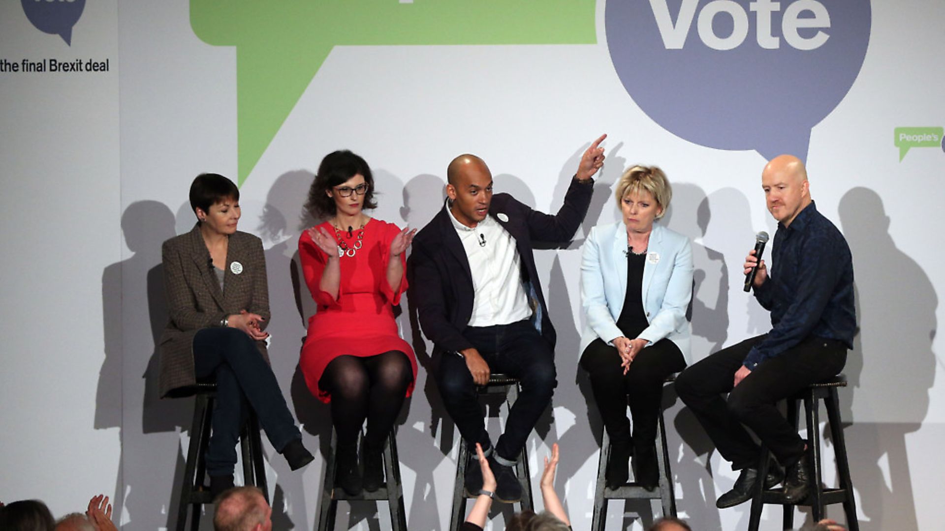 Politicians Caroline Lucas, left, Layla Moran, Chuka Umunna, and Anna Soubry are joined onstage by comedian Andy Parsons, right, during the People's Vote campaign launch on Brexit at the Electric Ballroom in Camden Town. Photo: Jonathan Brady/PA Wire - Credit: PA