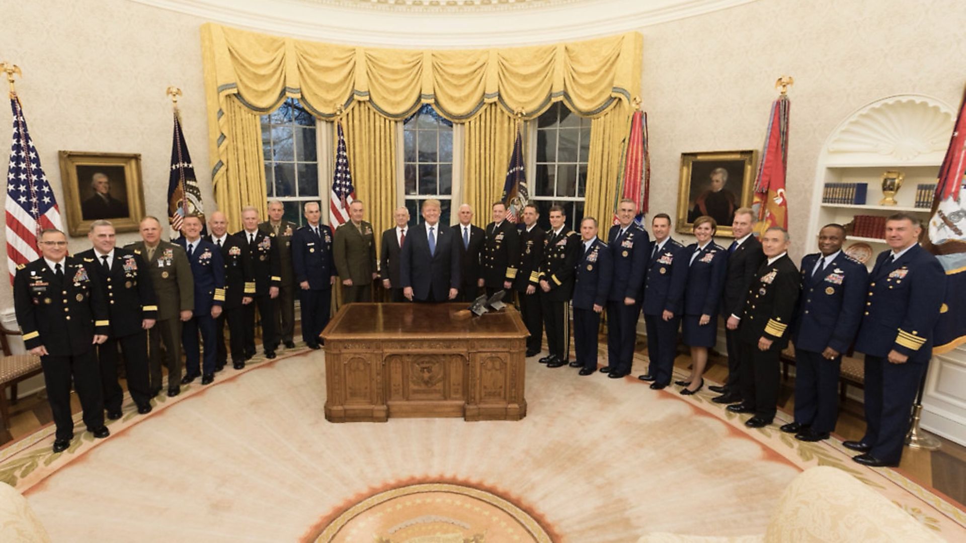 A picture tweeted by Donald Trump on April 10. It said: "Last night, it was my great honor to host Americas senior defense and military leaders for dinner at the White House. Americas military is the GREATEST fighting force in the history of the world. They all have my pledge of unwavering commitment to our men and women in uniform!" - Credit: The White House