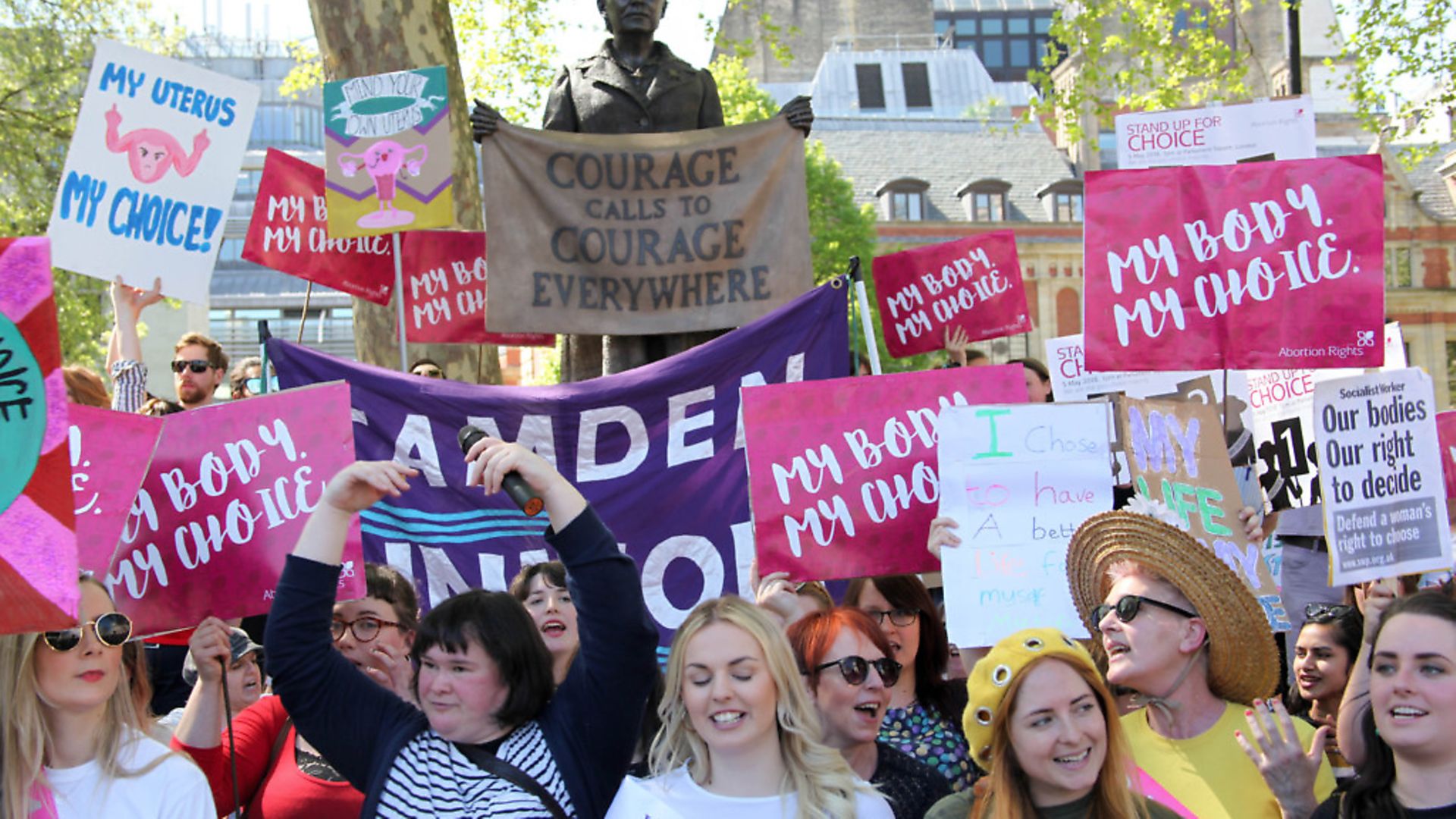Pro-choice demonstrators pose next to statue of Suffragist Millicent Fawcett in London, UK on May 5, 2018. The marches come just weeks ahead of a referendum in Ireland on the eighth amendment. Ireland goes to the polls on May 25. They will be asked whether they want to retain the eighth amendment of the constitution which gives equal rights to the mother and her unborn child. The current law, introduced in 1983, does not allow for abortions in cases of rape, incest or foetal abnormality. (Photo by Alex Cavendish/NurPhoto/Sipa USA) - Credit: SIPA USA/PA Images