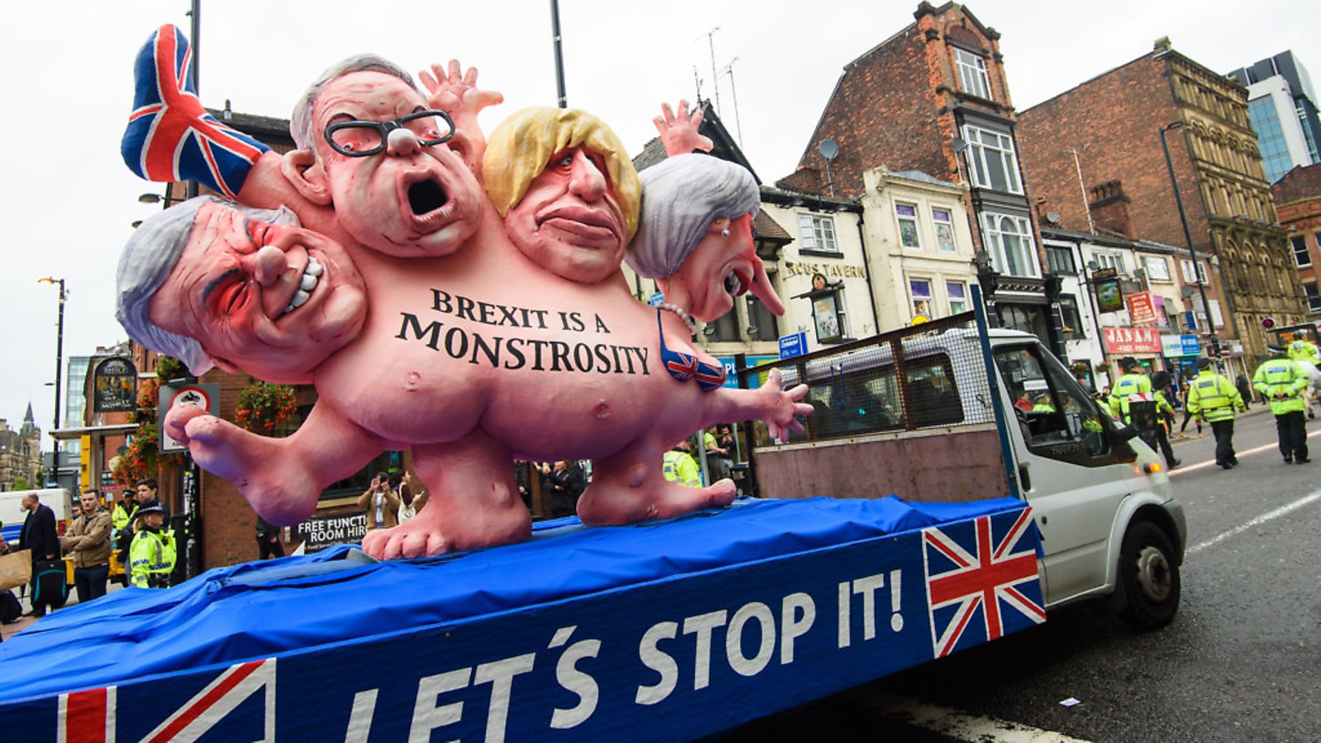 A float satirising Boris Johnson, Theresa May, David Davis and Liam Fox. photograph: Matt Crossick/EMPICS Entertainment. - Credit: Empics Entertainment