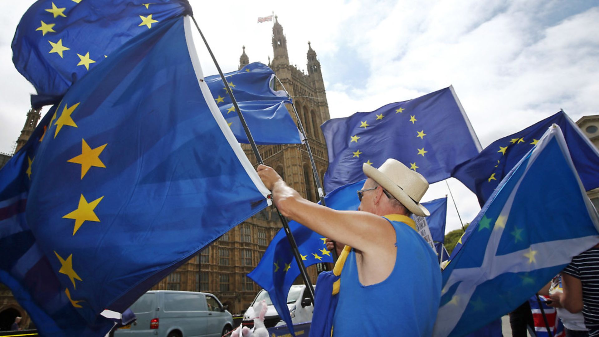 Anti-Brexit demonstrators campaign opposite the Houses of Parliament in London. Photograph: Yui Mok/PA Wire. - Credit: PA