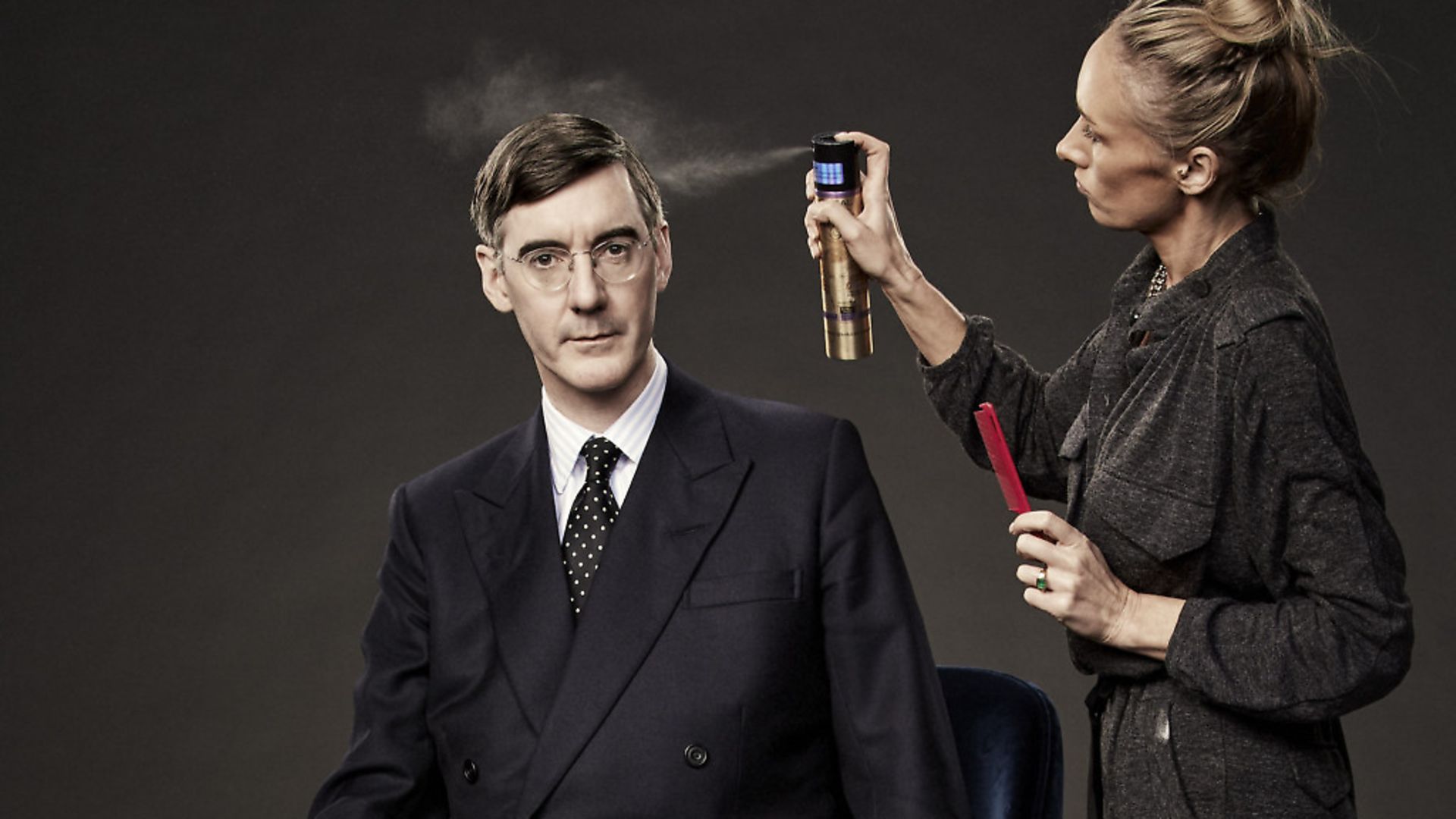 Mark Harrison captures the moment make-up artist Julia Wren sprays Jacob Rees-Mogg's hair. Picture: Mark Harrison *** Local Caption *** 03114893 - Credit: CAMERA PRESS/Mark Harrison