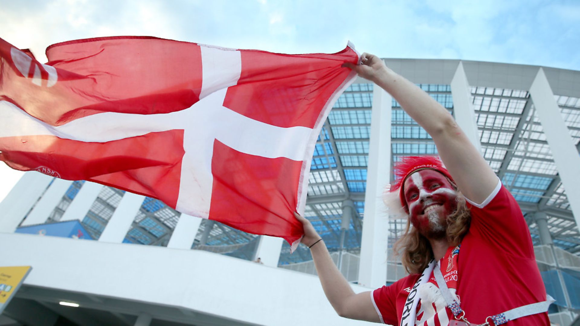 A Denmark fan ahead of the 2018 FIFA World Cup. Photograph: Stanislav Krasilnikov/TASS. - Credit: Tass/PA Images