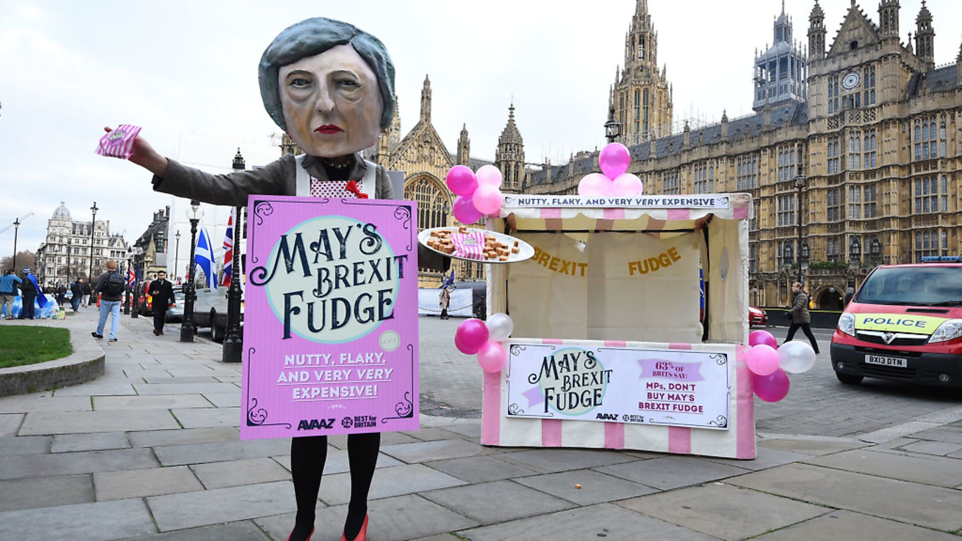 A demonstrator dressed as Theresa May sells Brexit Fudge in Old Palace Yard, Westminster. Photograph: Kirsty O'Connor/PA Wire. - Credit: PA