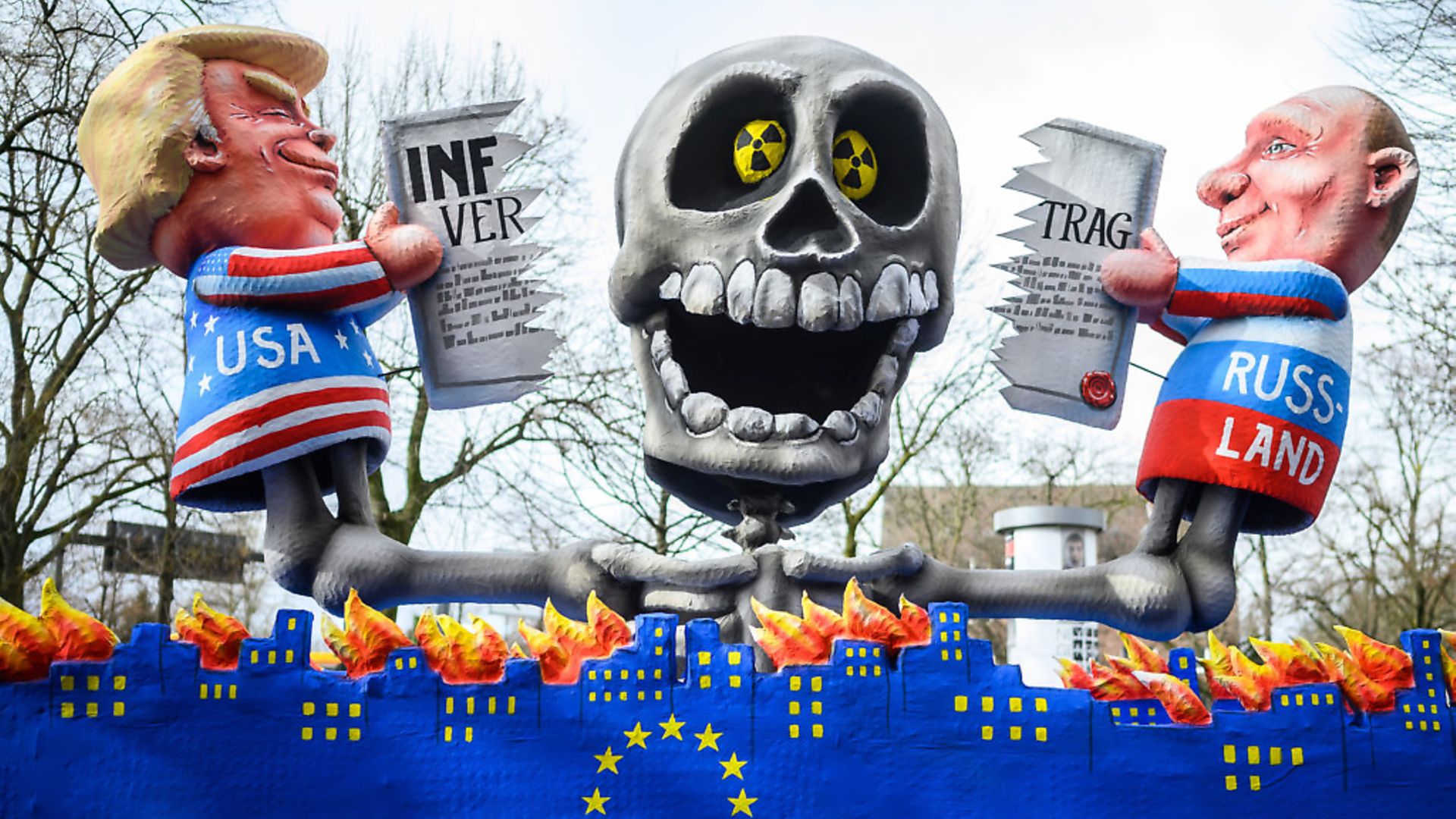 Floats at Dusseldorf cranival last weekend show a good grasp of Germany's geopolitcial occupations. Photo by Lukas Schulze/Getty Images. - Credit: Getty Images