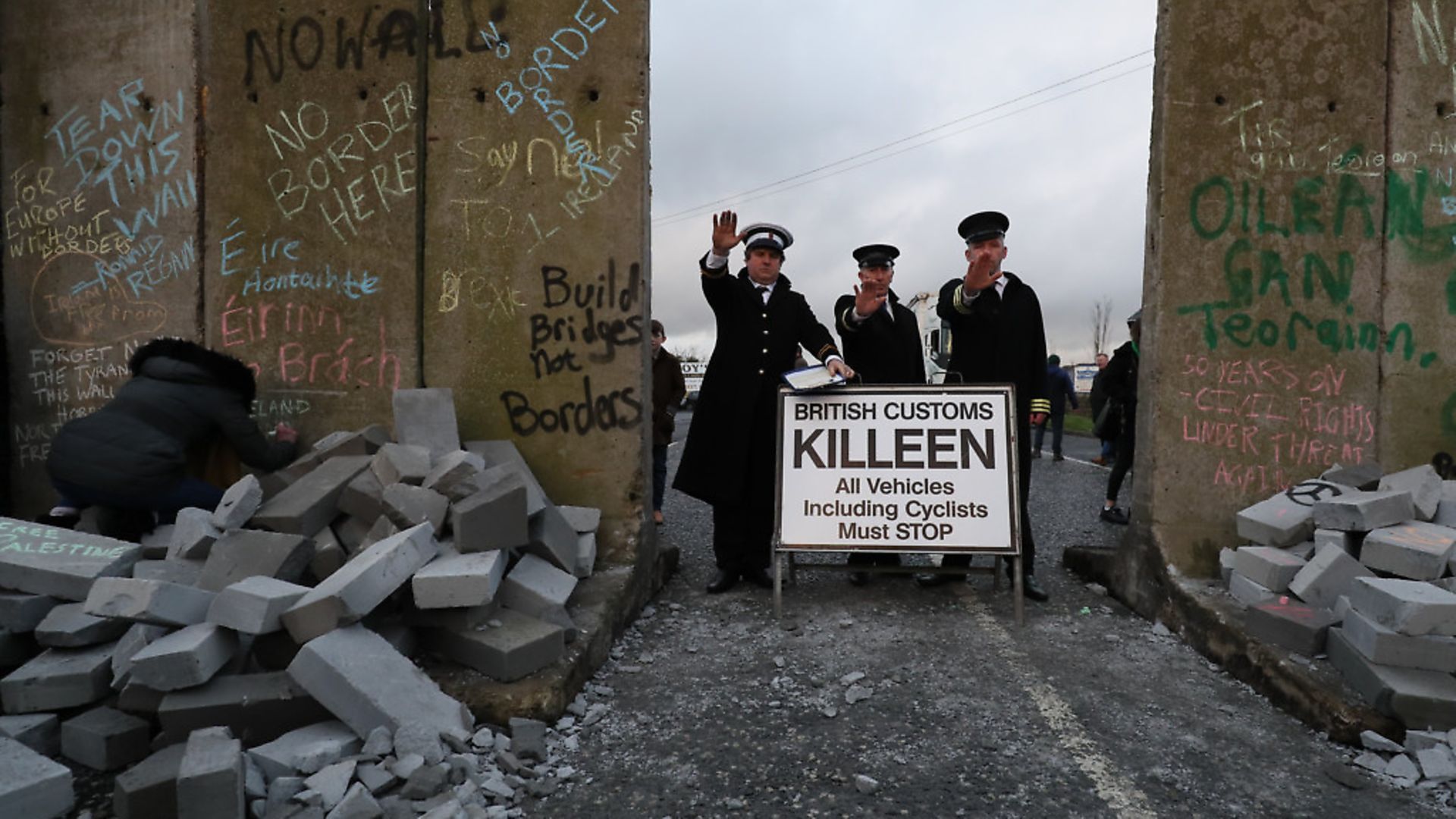 A mock checkpoint manned by actors dressed as customs officers constructed during an anti-Brexit rally at the Irish border near Carrickcarnan, Co Louth. Picture: PA/Brian Lawless - Credit: PA Wire/PA Images