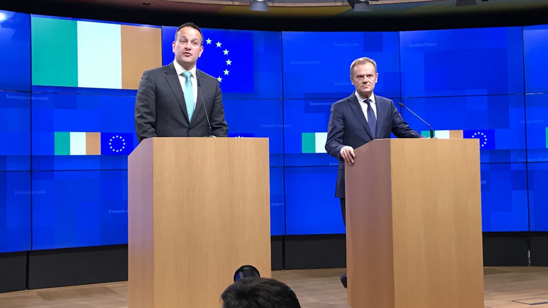 Taoiseach Leo Varadkar with President of the European Council Donald Tusk during a press conference at the European Parliament in Brussels. Photograph: Michelle Devane/PA Wire - Credit: PA