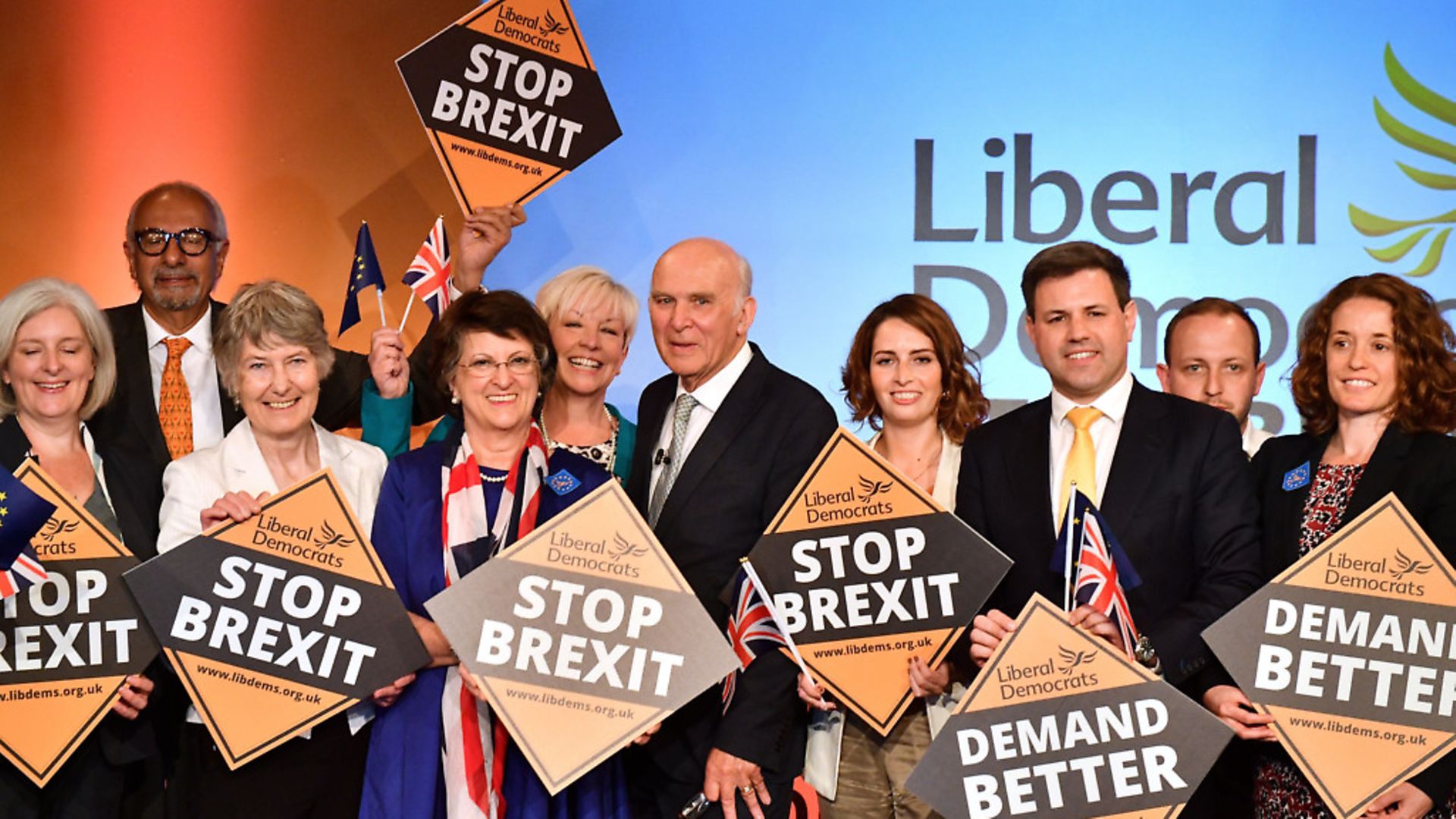 Liberal Democratic Party leader Vince Cable (C) poses with the party's MEP candidates for the European Parliament election Photo: DANIEL LEAL-OLIVAS/AFP/Getty Images - Credit: AFP/Getty Images