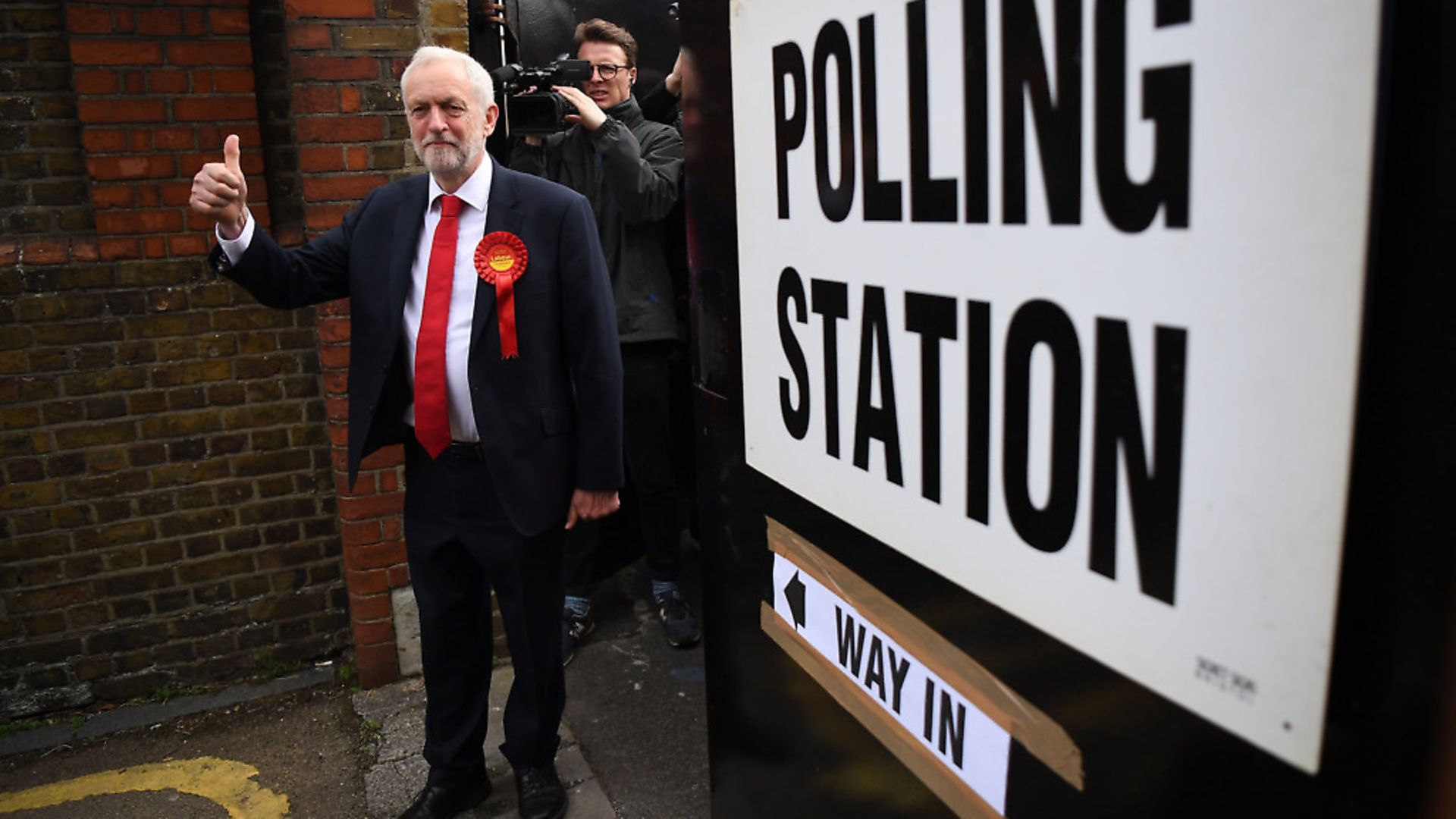 Labour party leader Jeremy Corbyn gives the thumbs up as he leaves a polling station.  (Photo by Leon Neal/Getty Images) - Credit: Getty Images