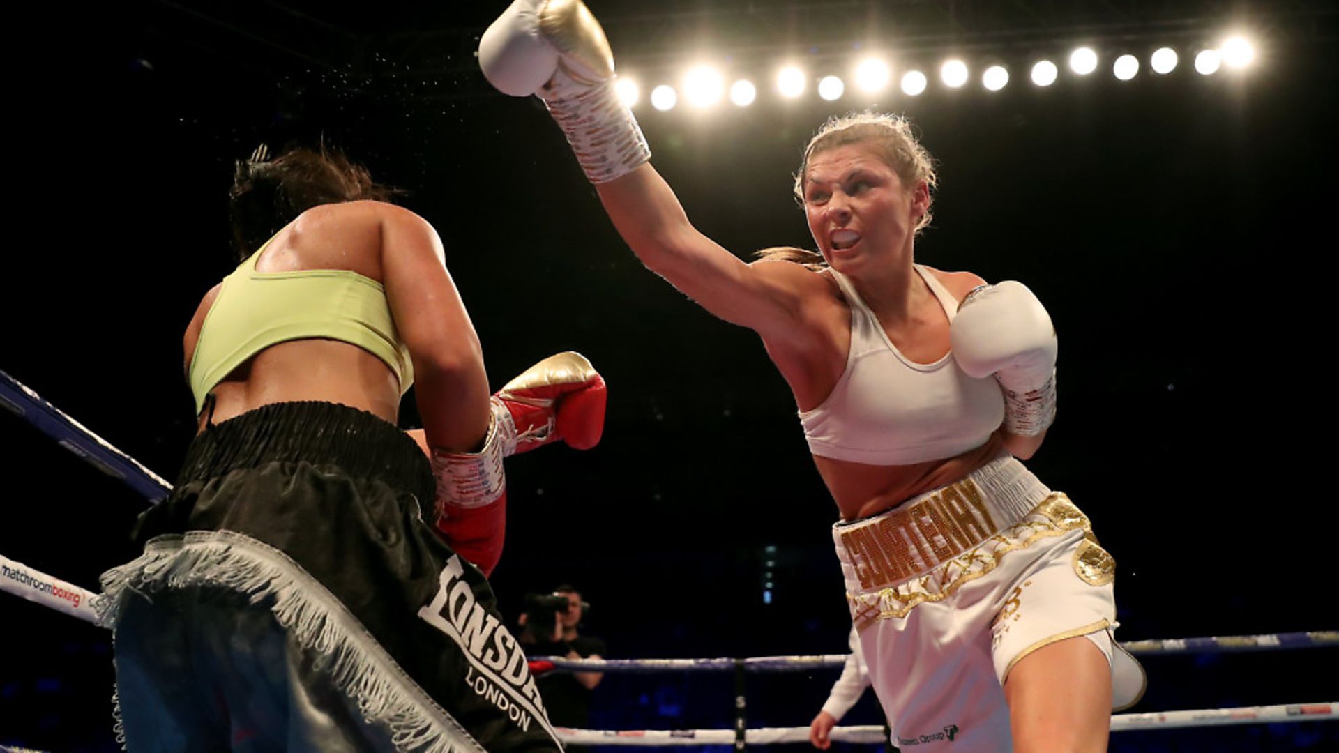 Shannon Courtenay (right) in action against Roz Mari Silyanova in their bantamweight contest at the O2 Arena - Credit: PA Wire/PA Images
