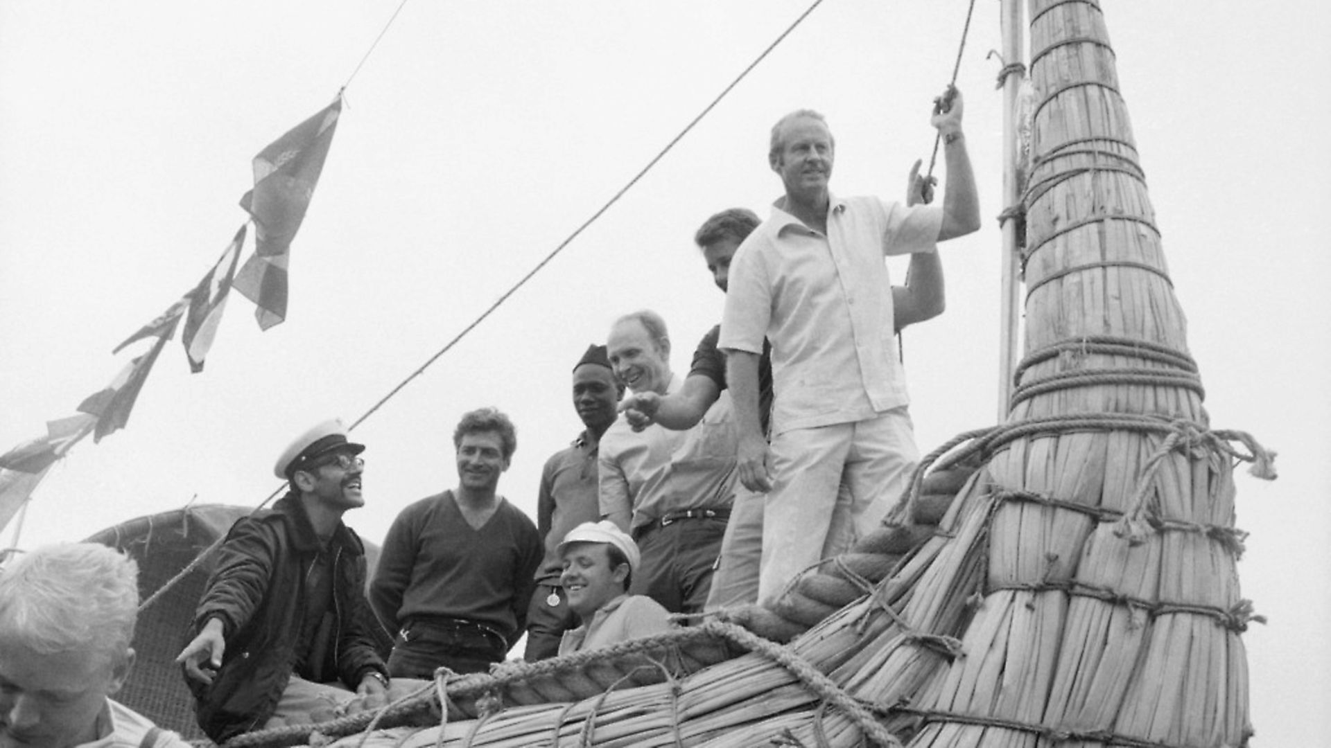 (Original Caption) Thor Heyerdahl with crew on the bow of the "Ra," Safi, Morocco. 5/22/69. - Credit: Bettmann Archive