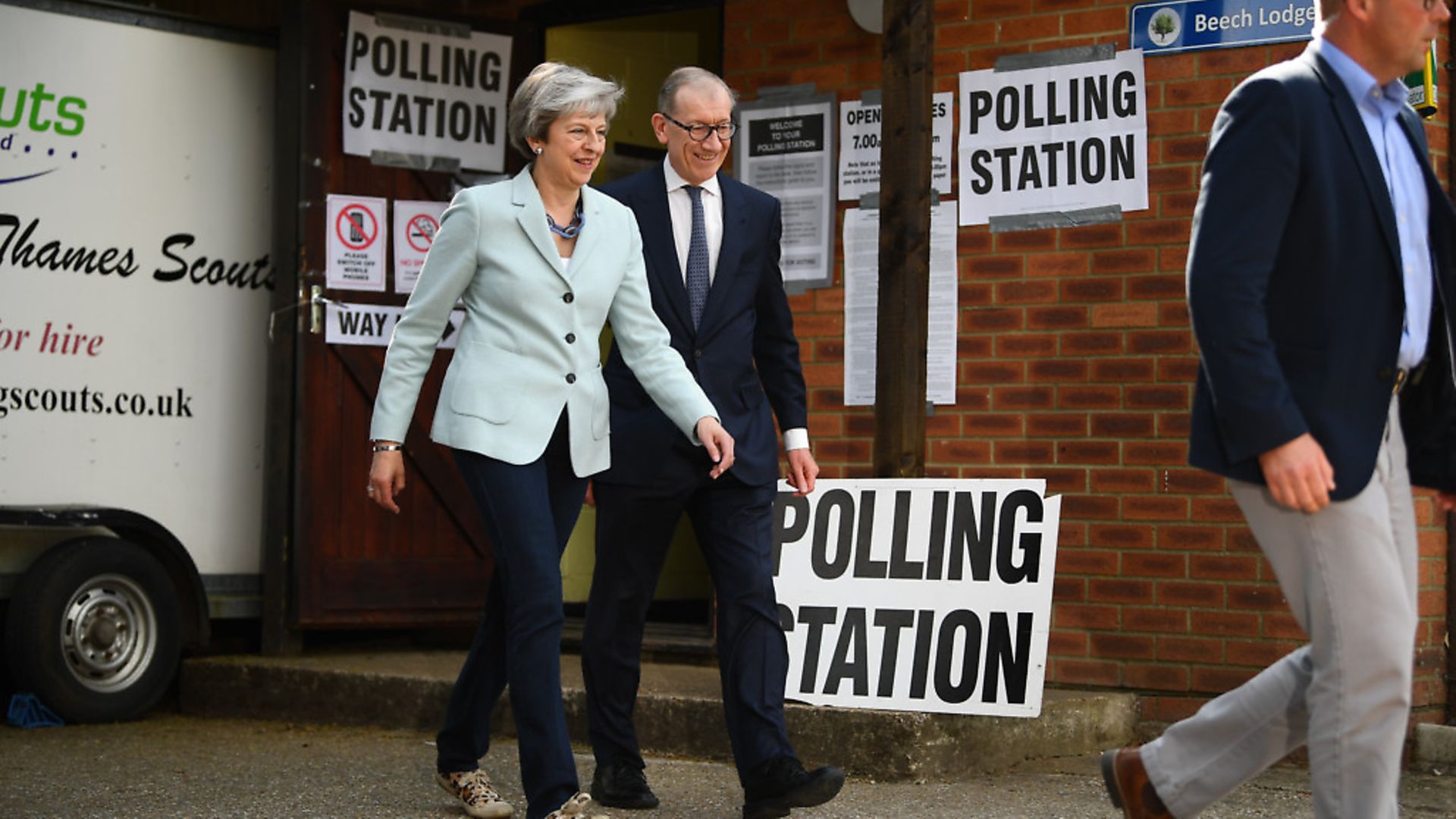 Prime Minister Theresa May and her husband, Philip, arrive to cast their votes at a polling station for the European Parliament election. Photograph: Victoria Jones/PA. - Credit: PA Wire/PA Images