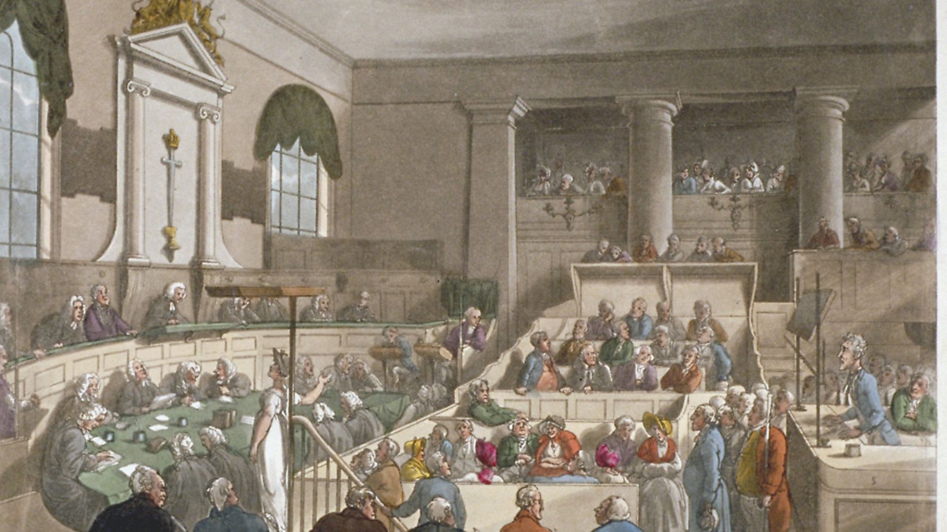 Interior view of the Sessions House, Old Bailey, with a court in session, City of London, 1809. (Photo by Guildhall Library & Art Gallery/Heritage Images/Getty Images) - Credit: Heritage Images/Getty Images