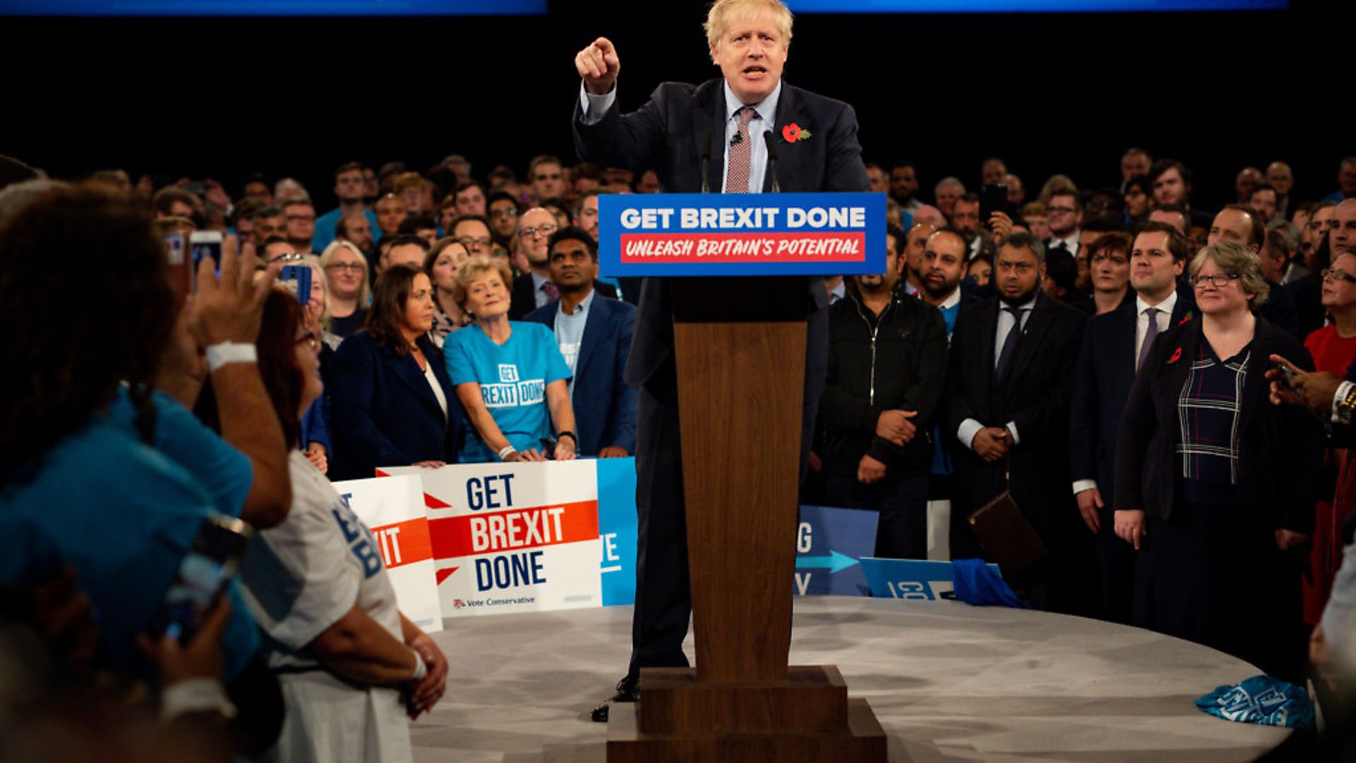 A closer-up view of Boris Johnson launching the Conservative general election campaign. Picture: Jacob King/PA Wire - Credit: PA