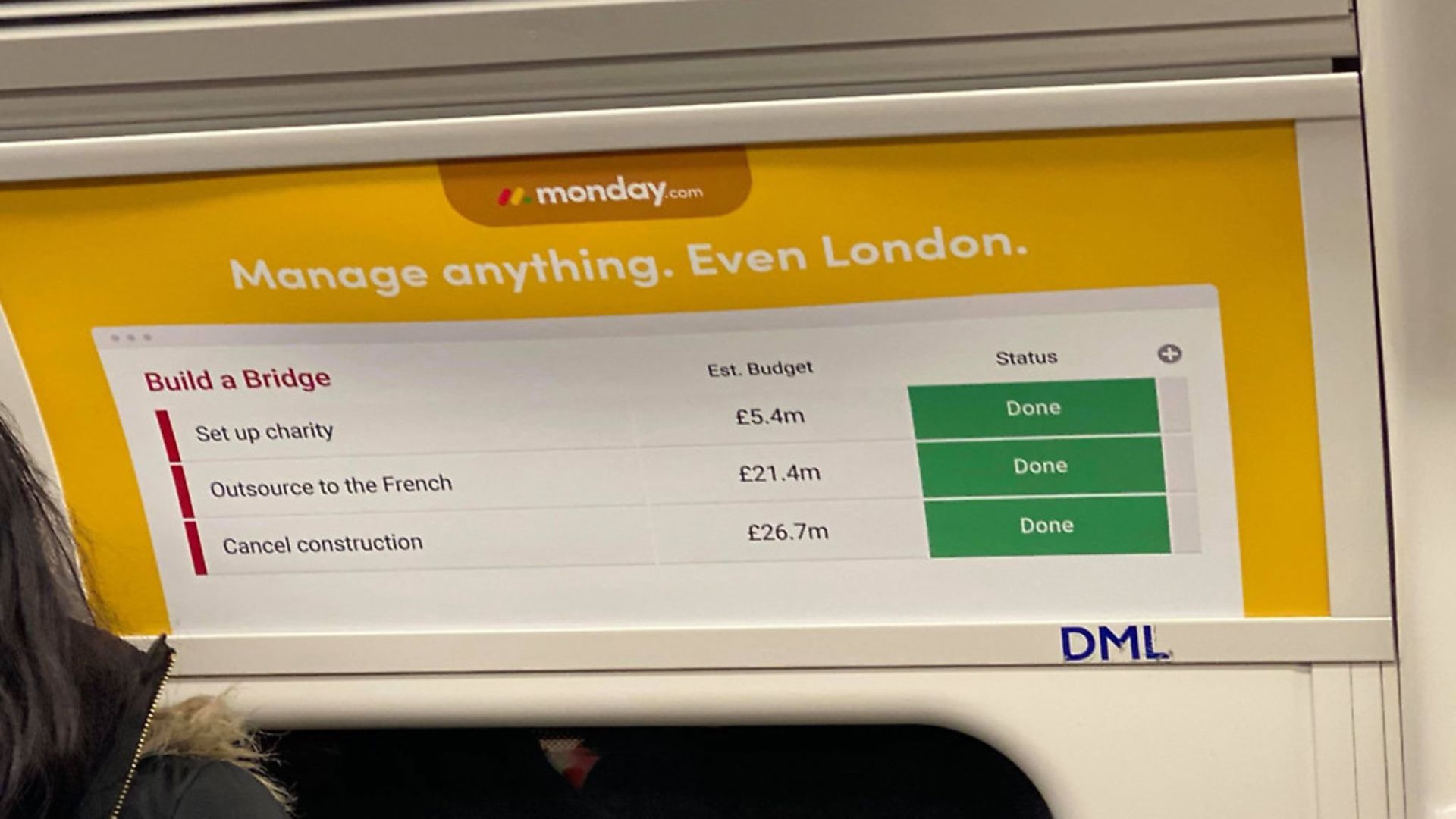 The Monday.com tube advert that has trolled Boris Johnson over his wasted efforts on the Garden Bridge. Picture: Pranay Manocha - Credit: Pranay Manocha