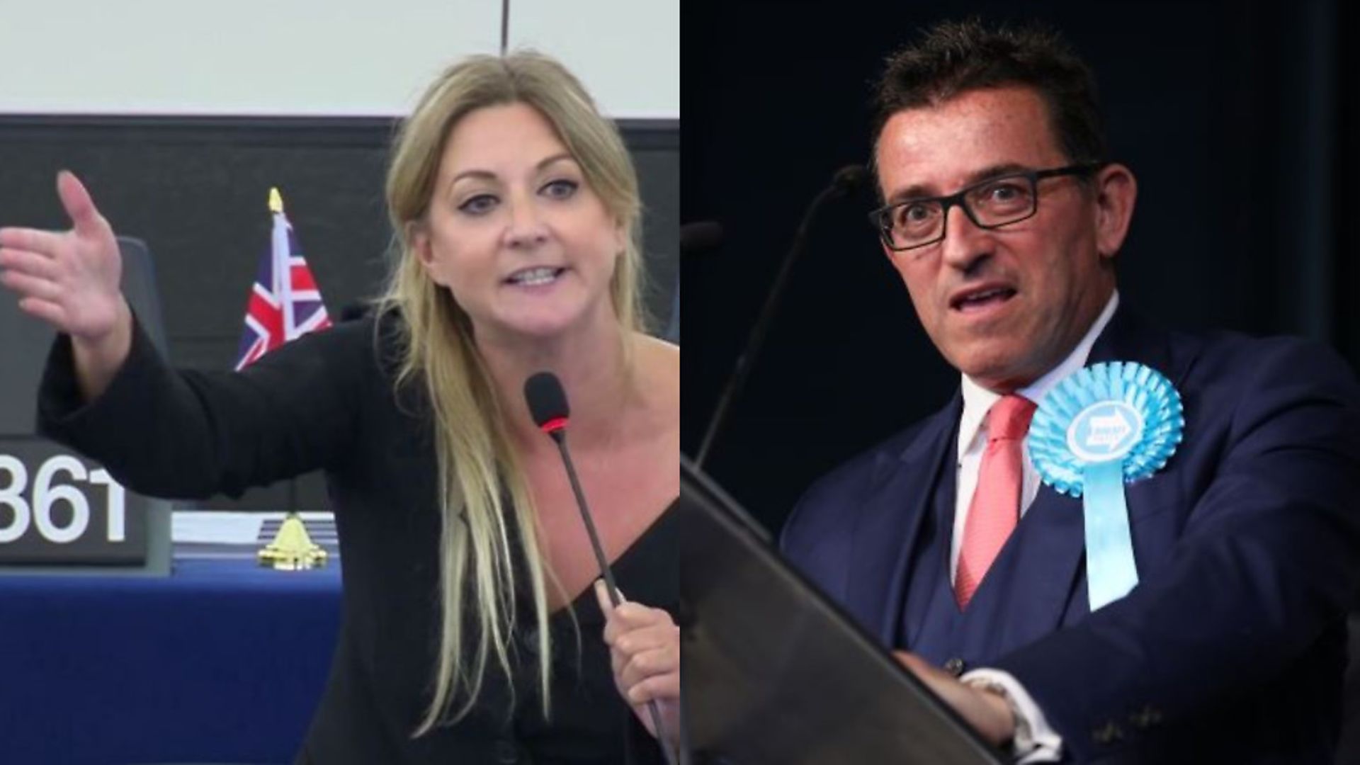 A row has broken out between Brexit Party MEPs Alexandra Phillips and Lance Forman, pictured here in the EU parliament and during a campaign speech respectively. Pictures: EU Parliament/PA - Credit: EU Parliament/PA