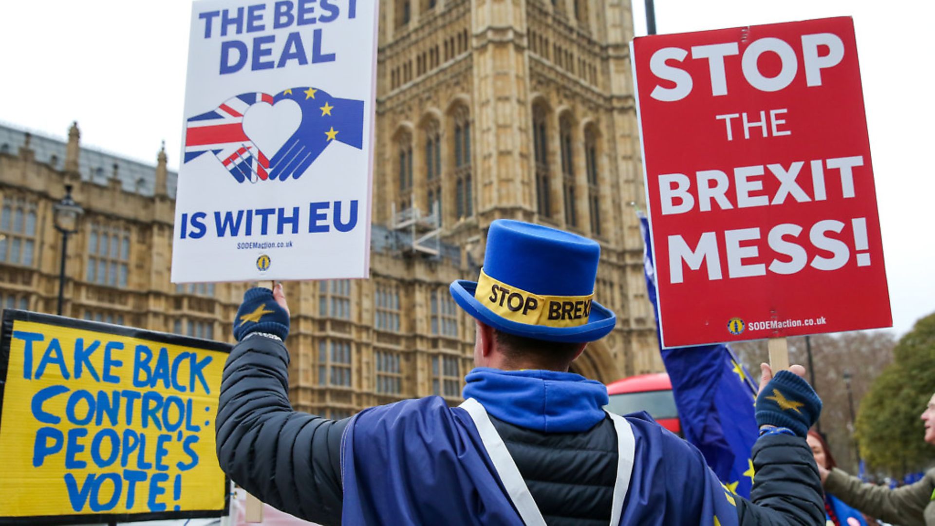 Steven Bray founder of SODEM (Stand of Defiance European Movement) holding placards during the protest outside the Houses of Parliament Picture: Dinendra Haria/SOPA Images via ZUMA Wire - Credit: Zuma Press/PA Images