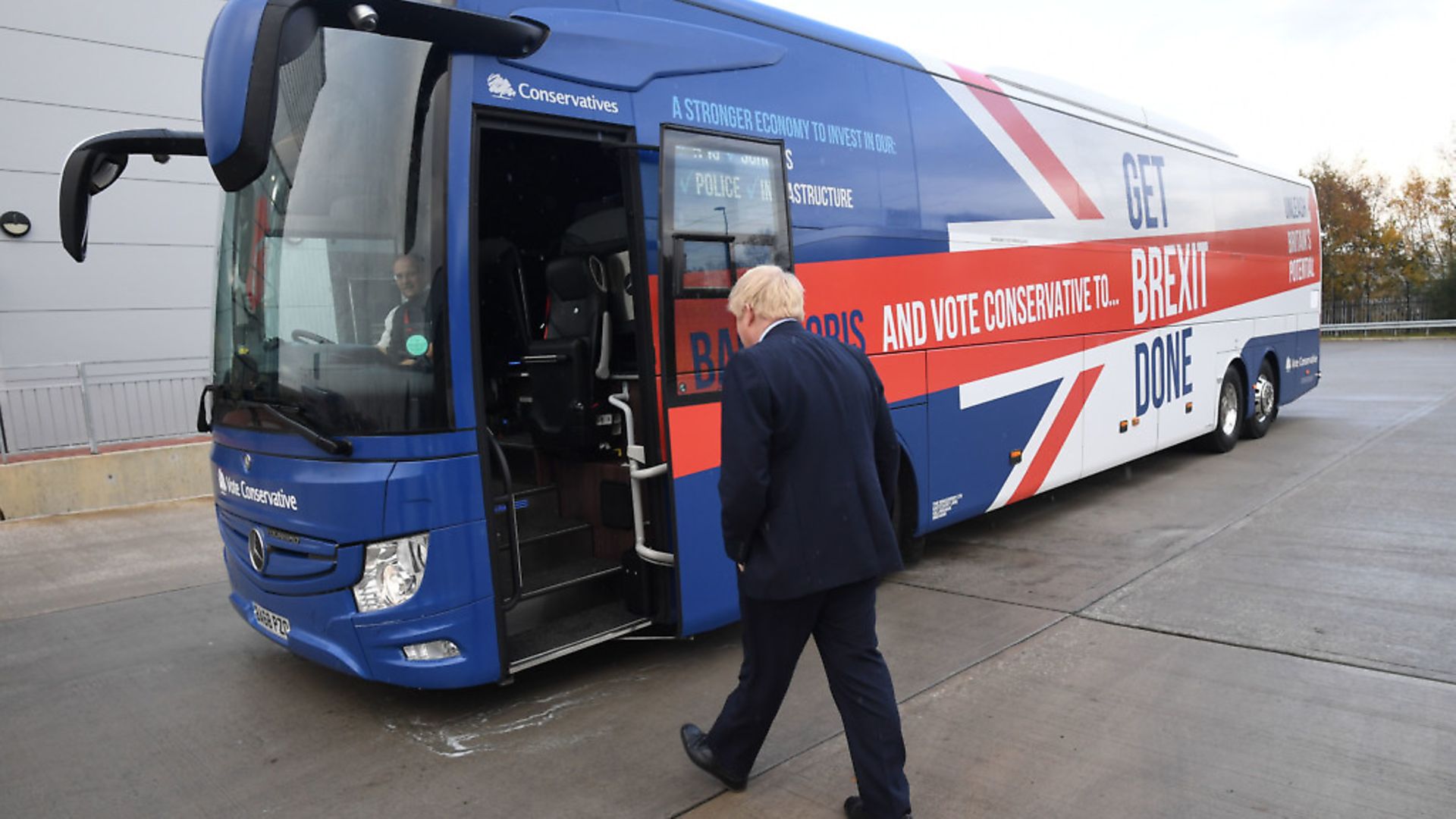 Prime Minister Boris Johnson at the unveiling of the Conservative Party battlebus in Greater Manchester. Photograph: Stefan Rousseau/PA Wire. - Credit: PA