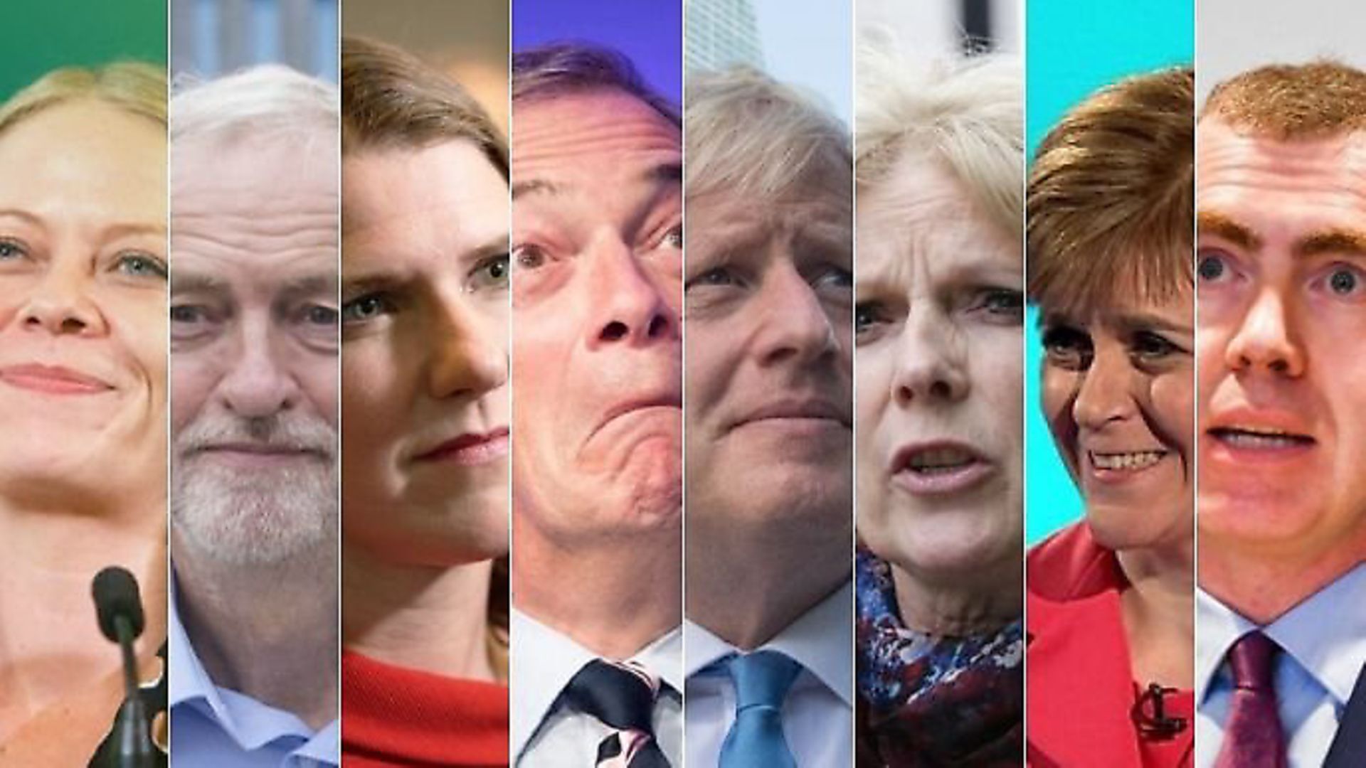 Sian Berry for the Greens, Jeremy Corbyn for Labour, Jo Swinson for the Lib Dems, Nigel Farage for the Brexit Party, Boris Johnson for the Conservatives, Anna Soubry for Change UK, Nicola Sturgeon for SNP and Adam Price for Plaid Cymru. Photograph: TNE/PA. - Credit: Archant