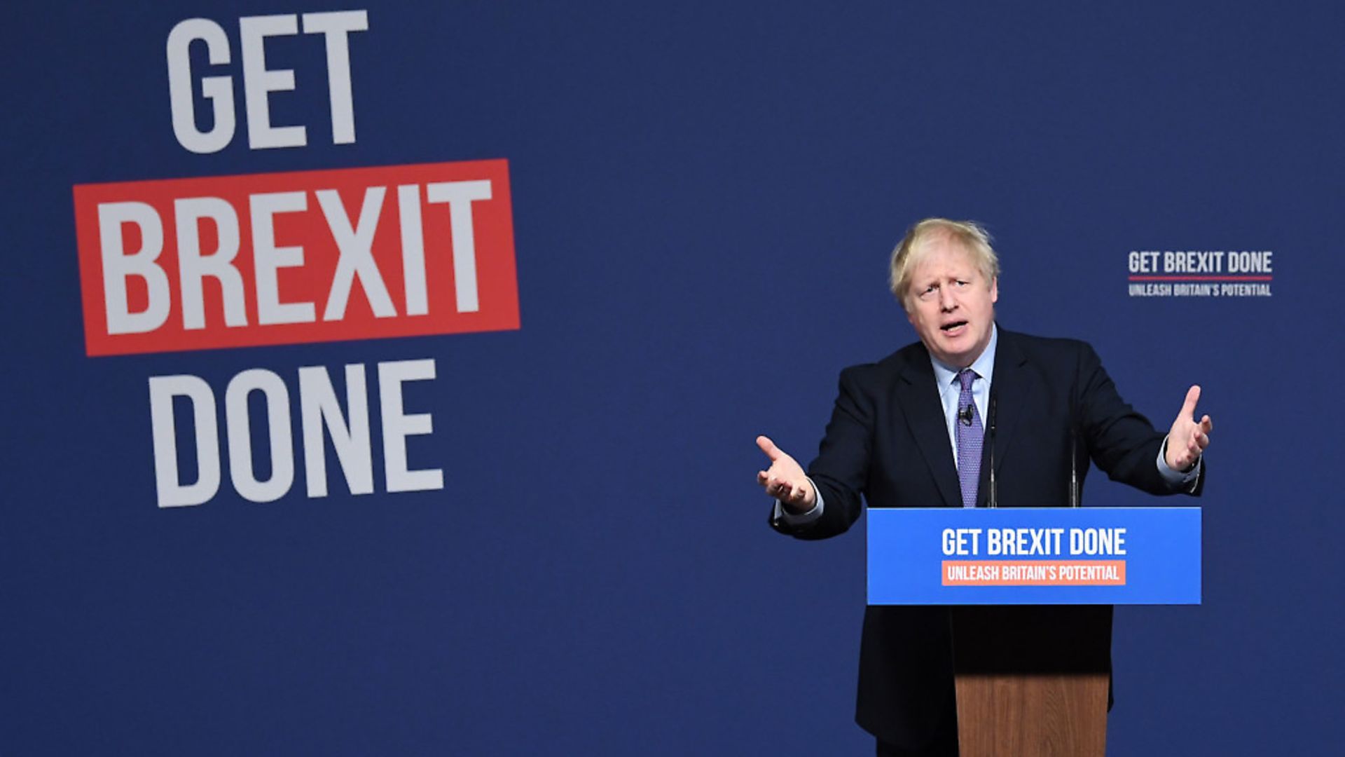 Prime Minister Boris Johnson in front of a 'Get Brexit Done' backdrop. Photograph: Stefan Rousseau/PA Wire - Credit: PA