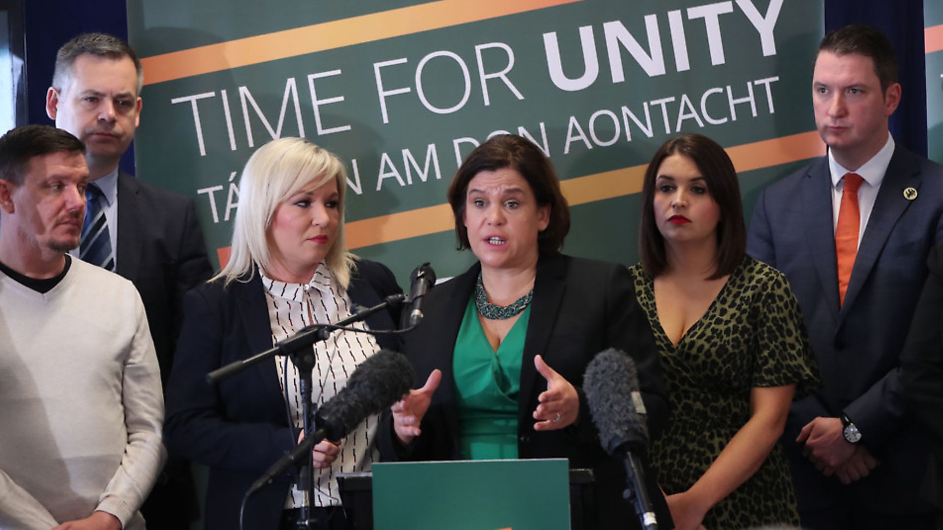 (left to right) Sinn Fein's Mark Ward, Pearse Doherty, Michelle O'Neill, Mary Lou McDonald, Elisha McCallion and John Finucane at the launch of the party's general election manifesto at the Playhouse Theater in Londonderry. Photograph: Niall Carson/PA Wire. - Credit: PA