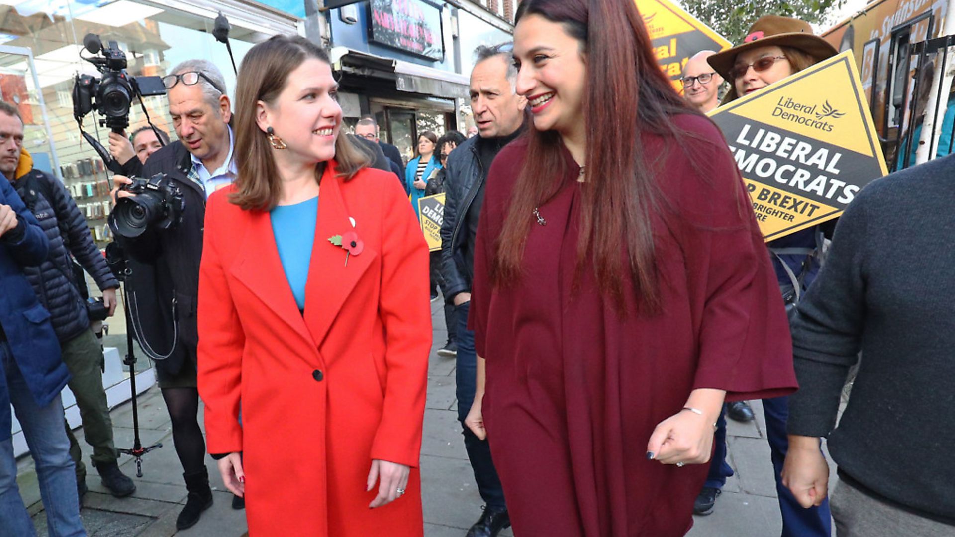 Liberal Democrat leader Jo Swinson (left) is greeted by the party's candidate for Finchley and Golders Green Luciana Berger as she arrives for a visit to a mental health enterprise in Golders Green. Picture: PA Images - Credit: PA