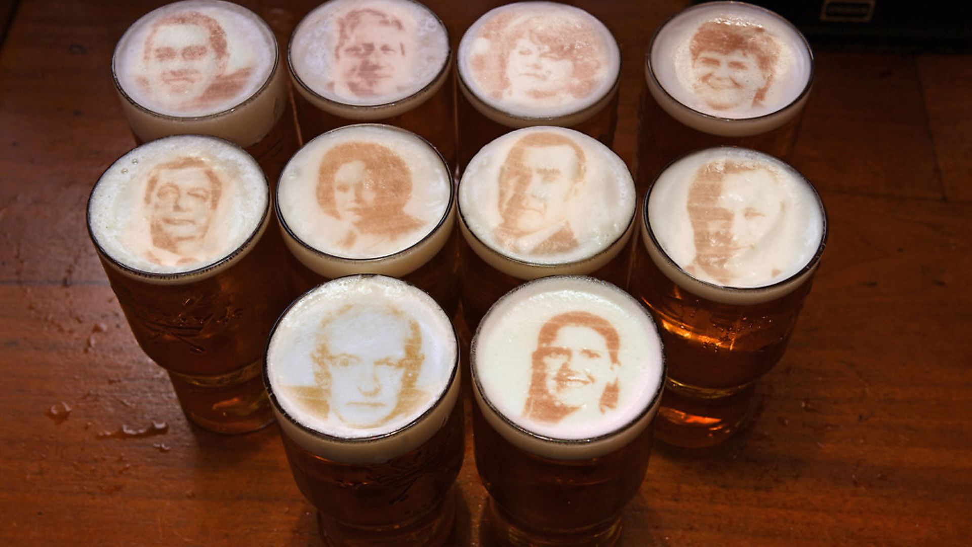 Beer featuring the faces of Jonathan Bartley (Green Party), Boris Johnson (Conservatives), Arlene Foster (DUP), Nicola Sturgeon (SNP), Nigel Farage (Brexit Party), Mary Lou McDonald (Sinn Fein), Adam Price (Plaid Cymru), Richard Braine (UKIP), Jeremy Corbyn (Labour) and Jo Swinson (Lib Dem). Photograph: Jane Russell/Wpragency/PA Wire
. - Credit: PA