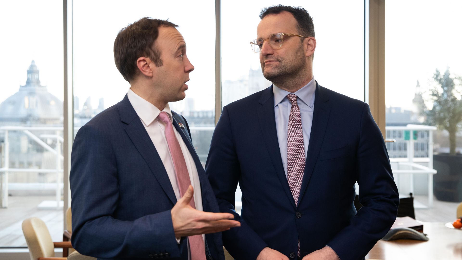 Health Secretary Matt Hancock (left) with German Health Minister Jens Spahn at the Department of Health, Westminster, London, ahead of a meeting about coordinating their response to the coronavirus - Credit: PA