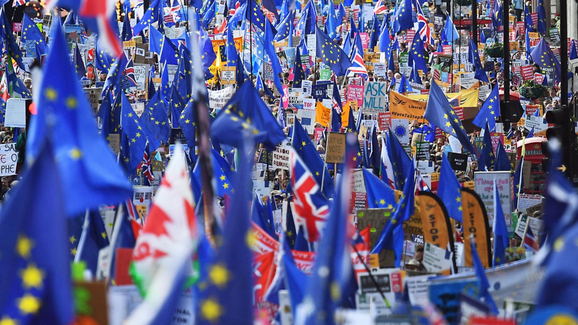 Campaigners at the People's Vote march in London as MPs vote on Boris Johnson's Brexit deal. Photograph: Victoria Jones/PA. - Credit: PA Wire/PA Images