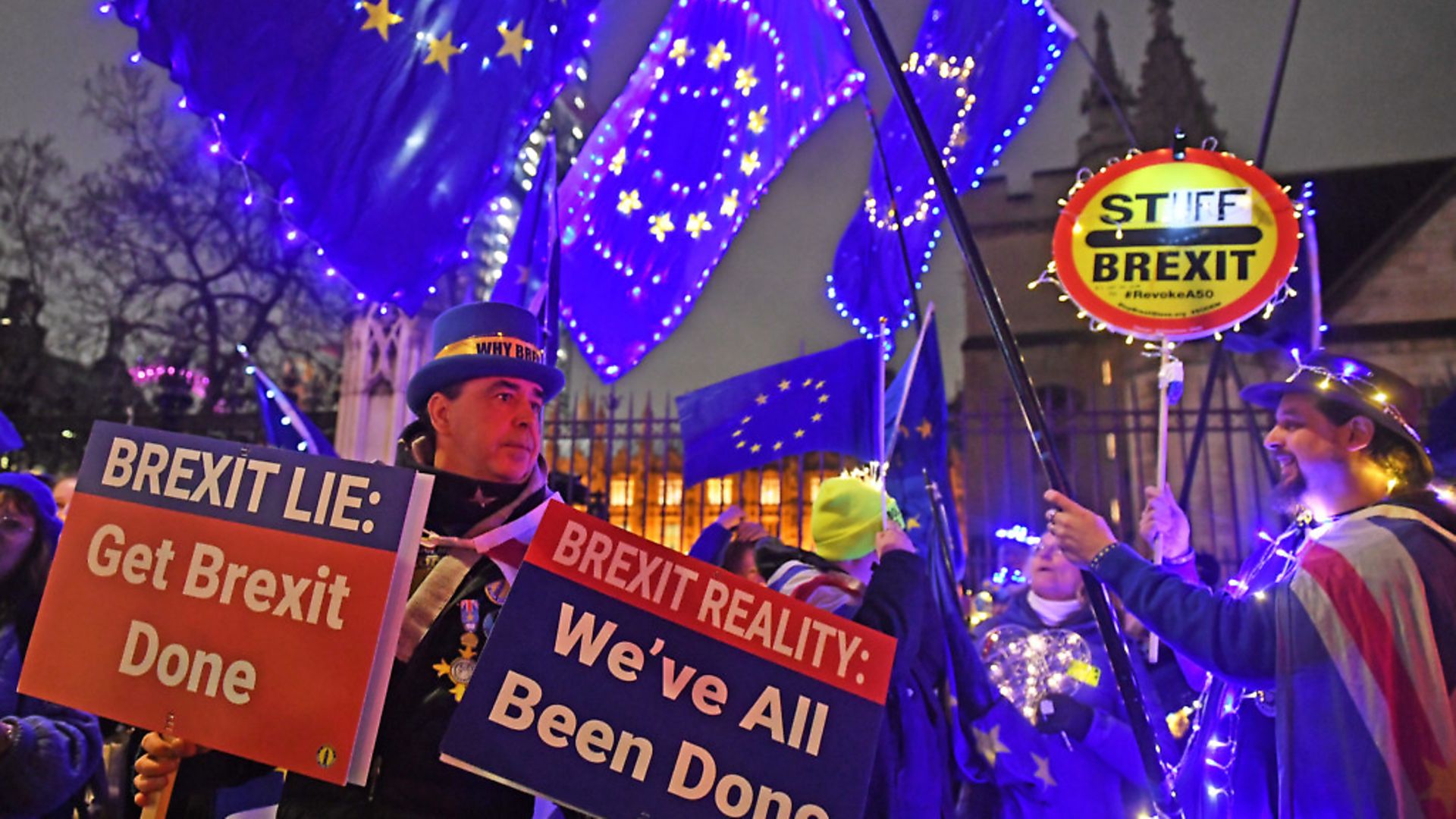 Pro-EU campaigners outside the Houses of Parliament ahead of Brexit day. Photograph: Dominic Lipinski/PA. - Credit: PA Wire/PA Images