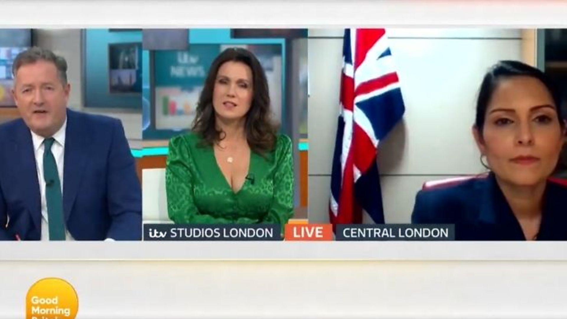 Piers Morgan (L), Susanna Reid (M) and Priti Patel on Good Morning Britain - Credit: Twitter