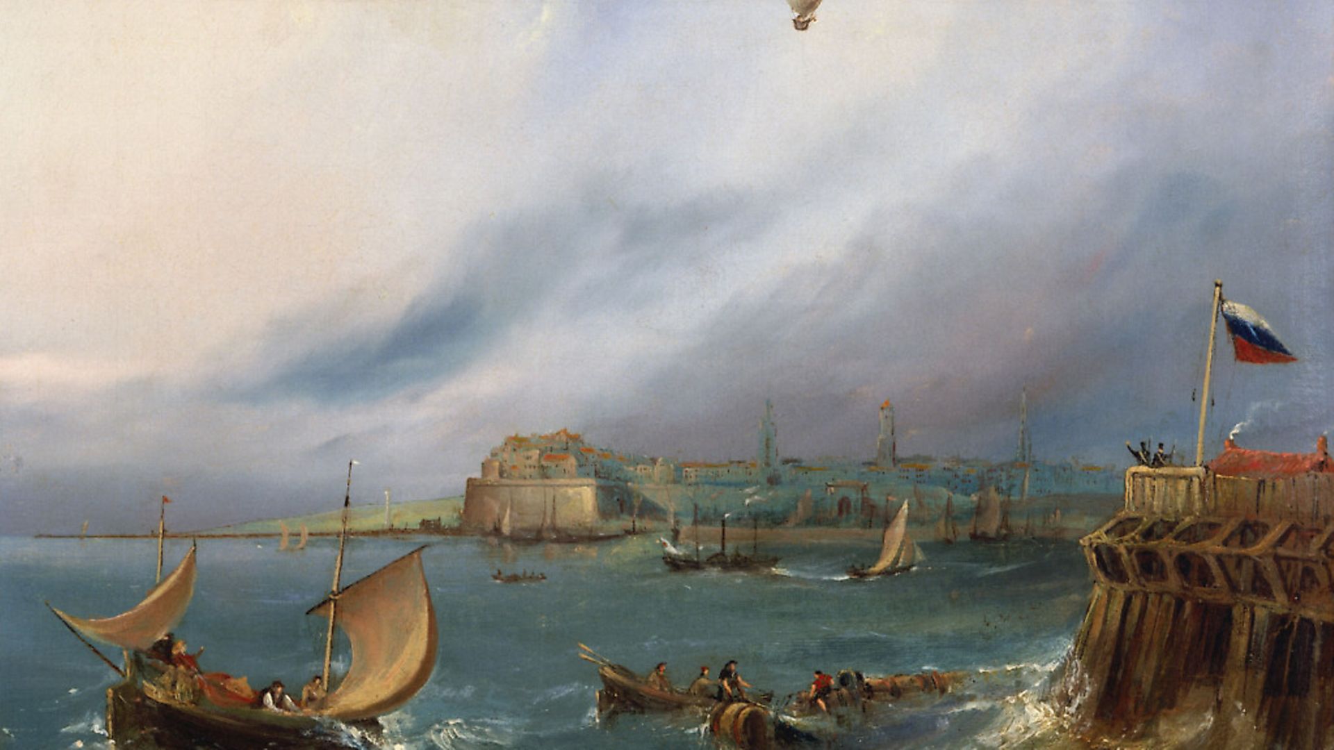 An oil painting made c 1840 by E W Cocks depicts Jean-Pierre Blanchard's balloon arriving at Calais Harbour in 1785. Photo by SSPL/Getty Images - Credit: SSPL via Getty Images