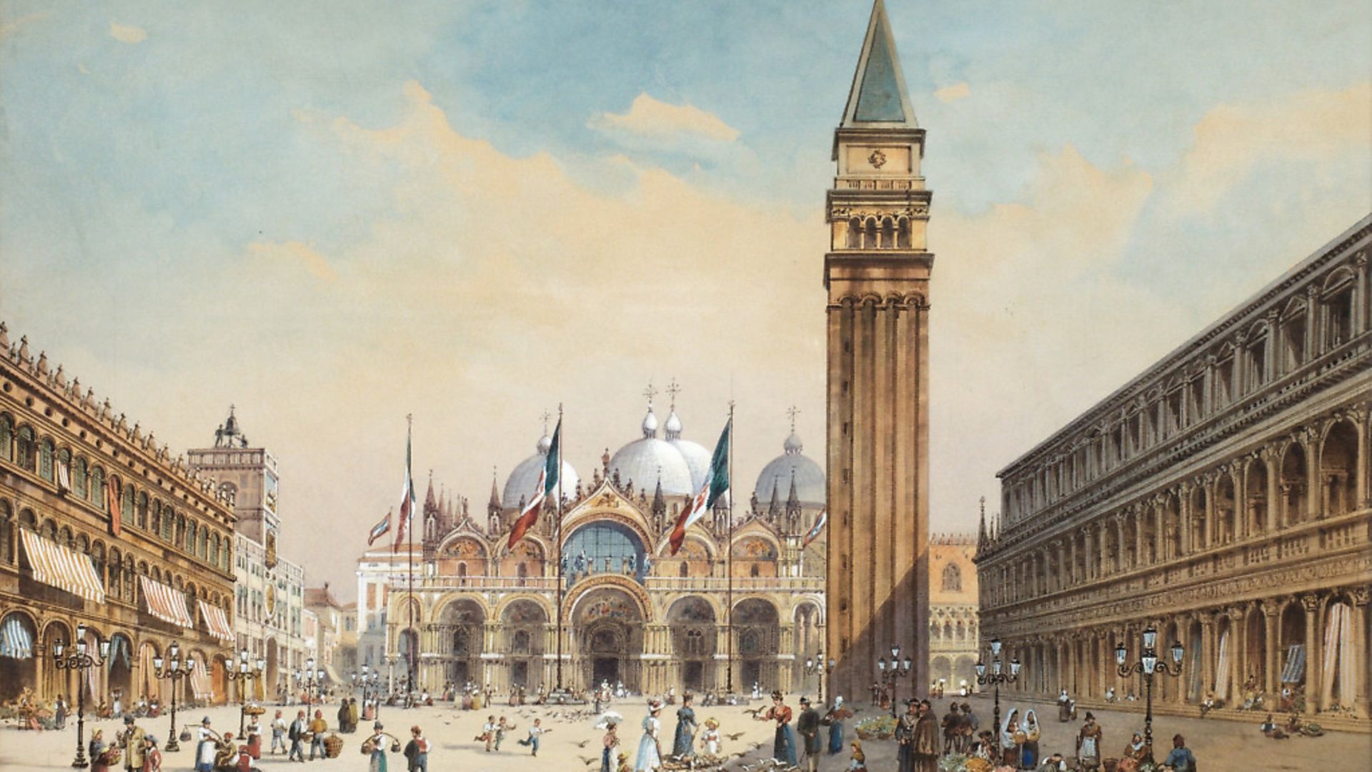 Piazza di San Marco in Venice painted by Friedrich Perlberg circa 1875. Photo by GraphicaArtis/Getty Images - Credit: Getty Images