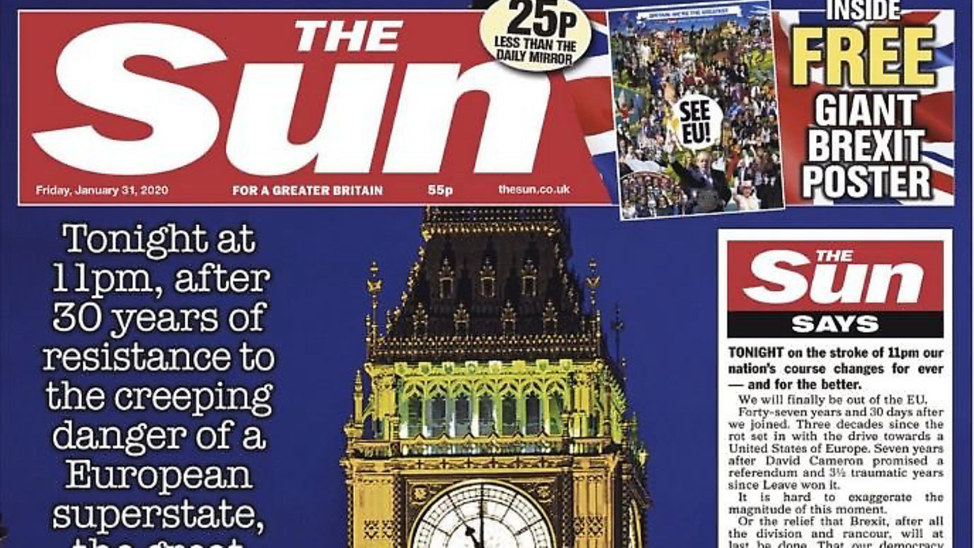 Front page of The Sun on January 31st as the UK entered the Brexit transition period. Photograph: The Sun/Twitter. - Credit: Archant