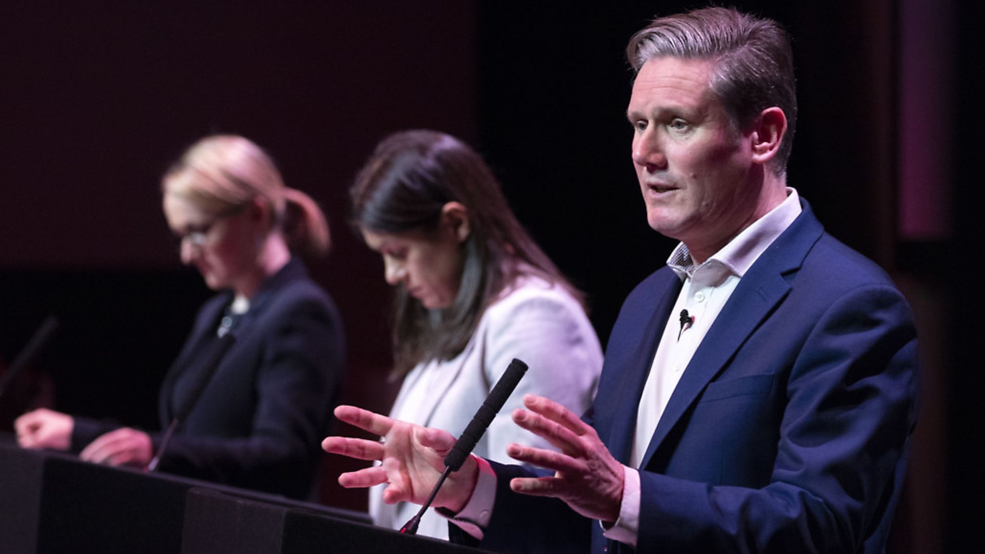 (left to right) Labour leadership candidates Rebecca Long-Bailey, Lisa Nandy and Sir Keir Starmer, speaking during the Labour leadership hustings at the SEC centre, Glasgow. Photograph: Jane Barlow/PA Wire. - Credit: PA