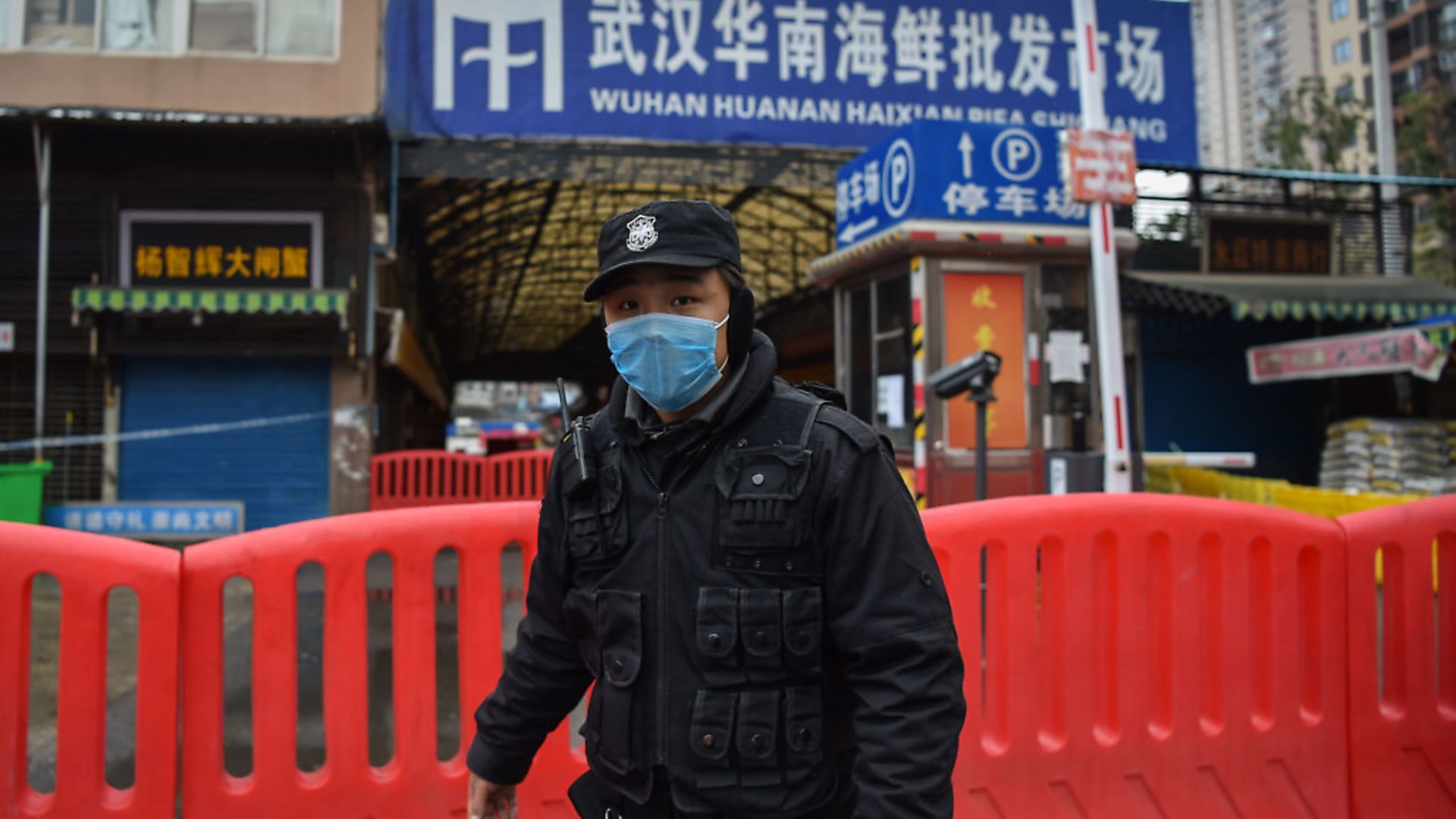 A police officer stands guard outside of Huanan Seafood Wholesale market where the coronavirus was detected in Wuhan. Photograph: HECTOR RETAMAL/AFP via Getty Images. - Credit: AFP via Getty Images