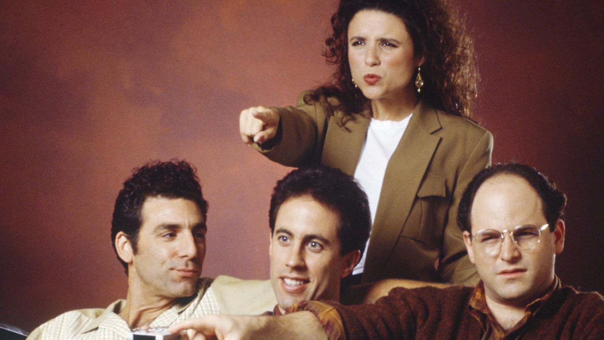 Michael Richards as Cosmo Kramer, Jerry Seinfeld as Jerry Seinfeld, Julia Louis-Dreyfus as Elaine Benes, Jason Alexander as George Costanza  (Photo by Chris Haston/NBCU Photo Bank/NBCUniversal via Getty Images via Getty Images) - Credit: NBCUniversal via Getty Images