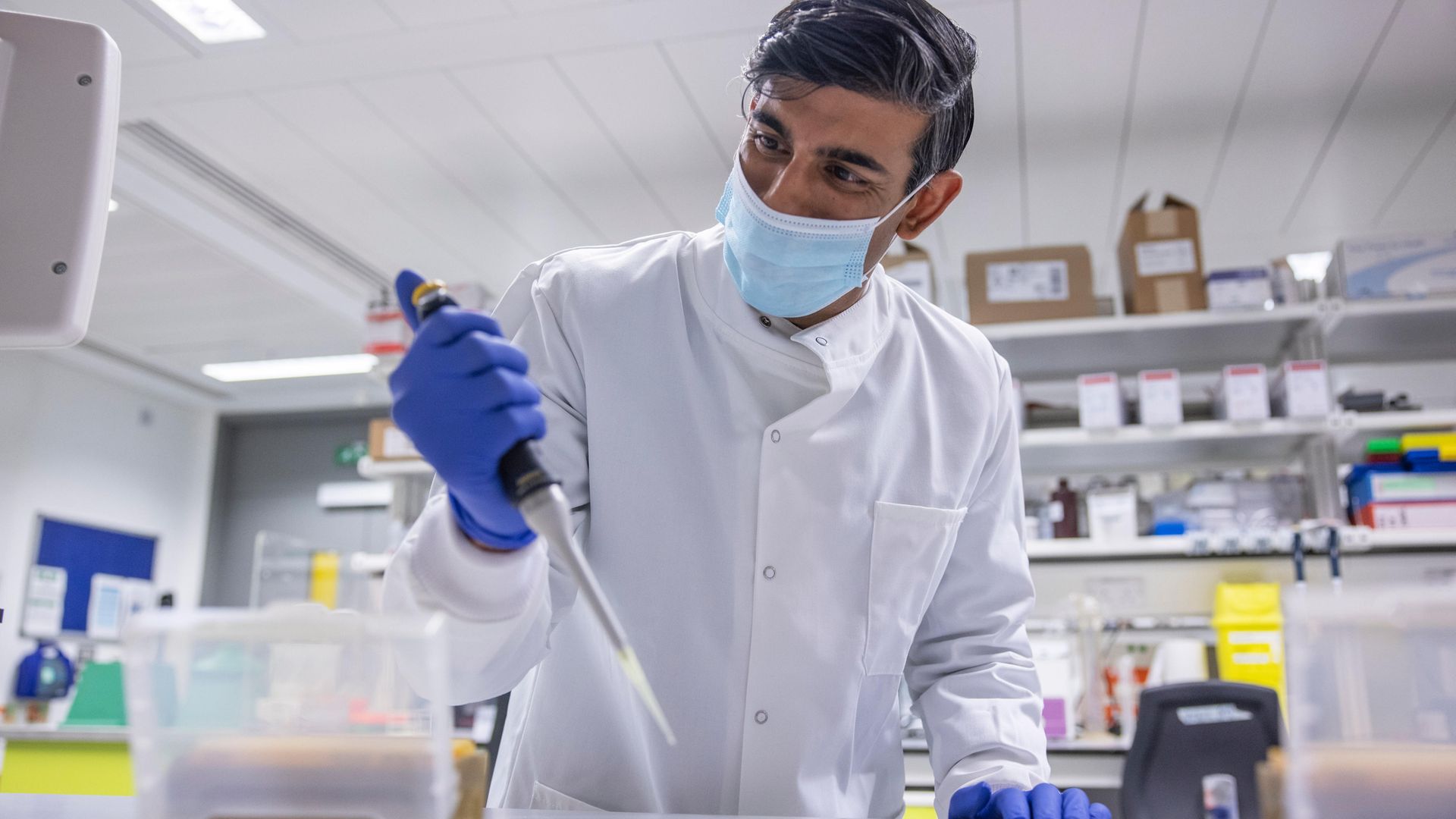 Chancellor Rishi Sunak on a visit to the Imperial Clinic Research Facility at Hammersmith Hospital - Credit: Getty Images