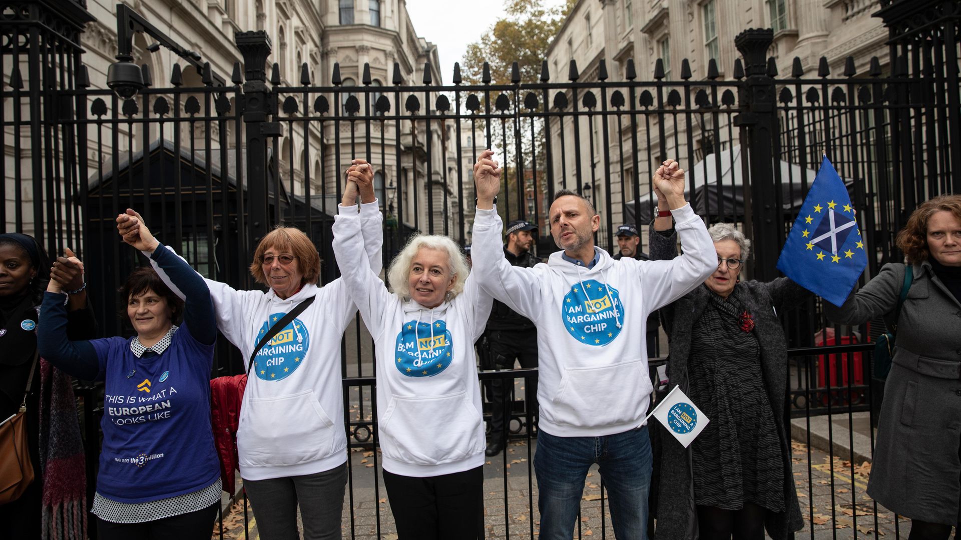 EU nationals, living in the UK take part in a demonstration outside Downing Street - Credit: Getty Images