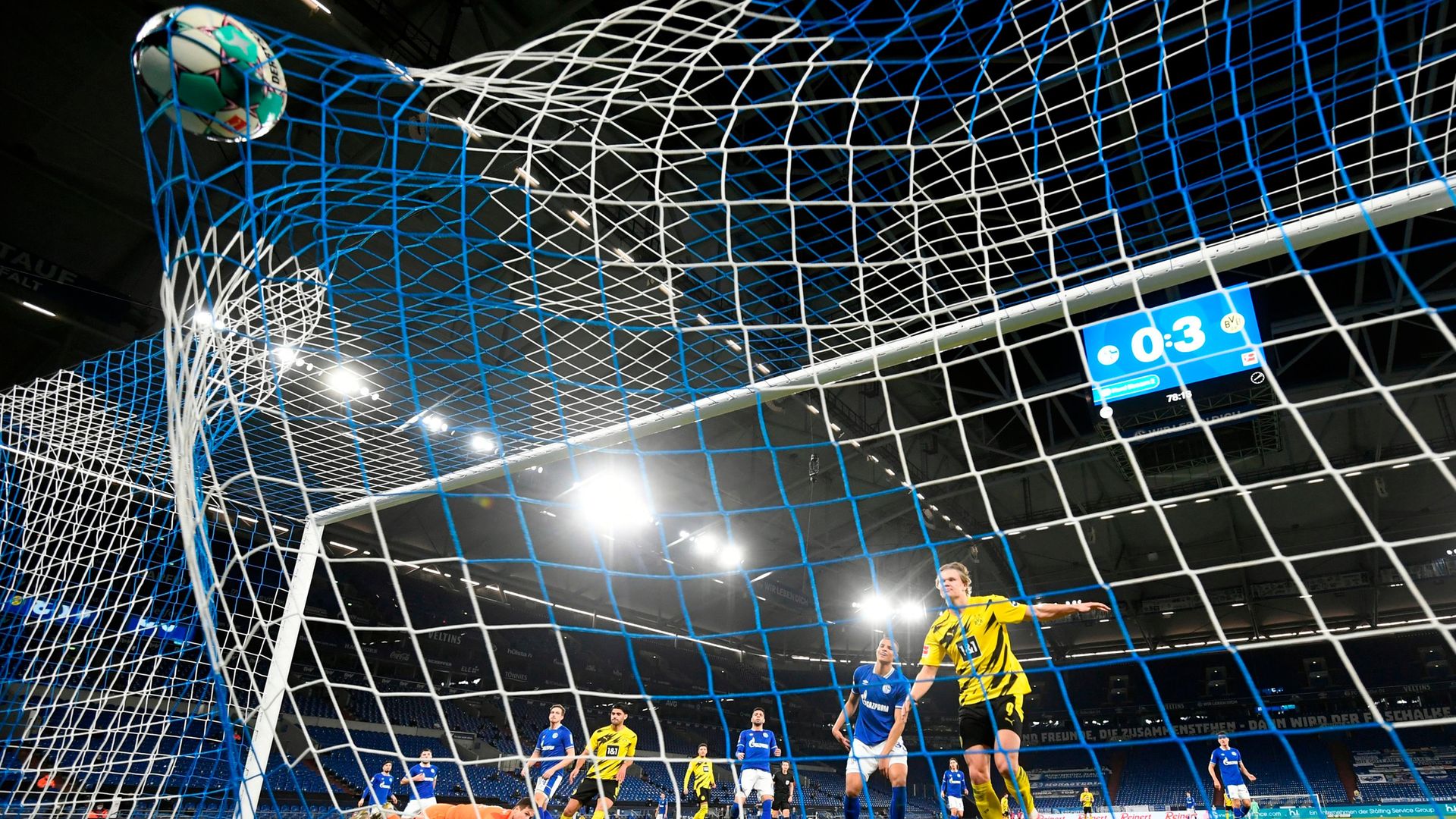 The net bulges as Erling Haaland scores the final goal in Borussia Dortmund's 4-0 win against Schalke 04 on February 20, 2021 - Credit: Ina Fassbender/AFP via Getty Images