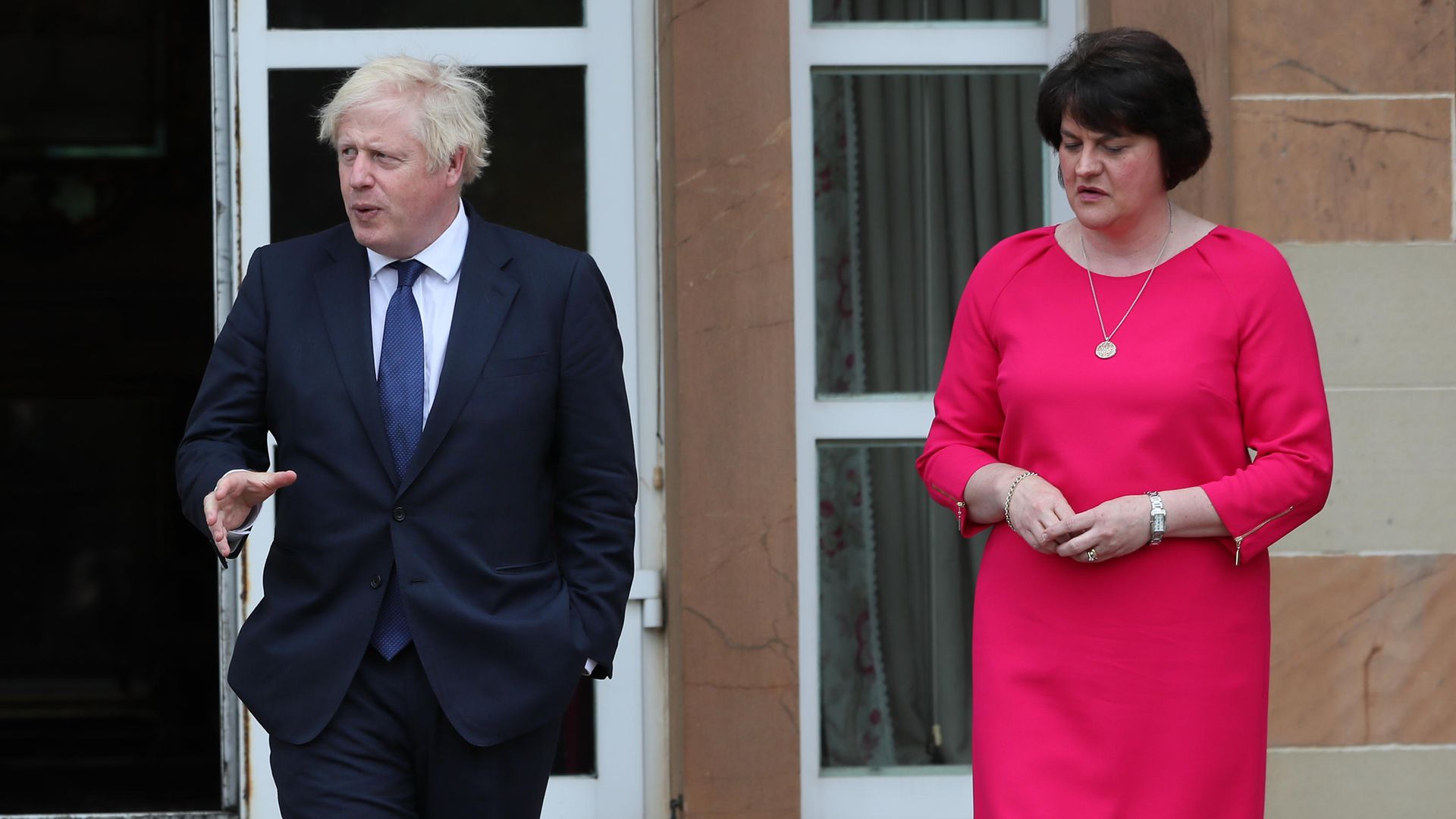 (left to right) Prime minister Boris Johnson and first minister Arlene Foster at Hillsborough Castle during a visit to Belfast - Credit: PA