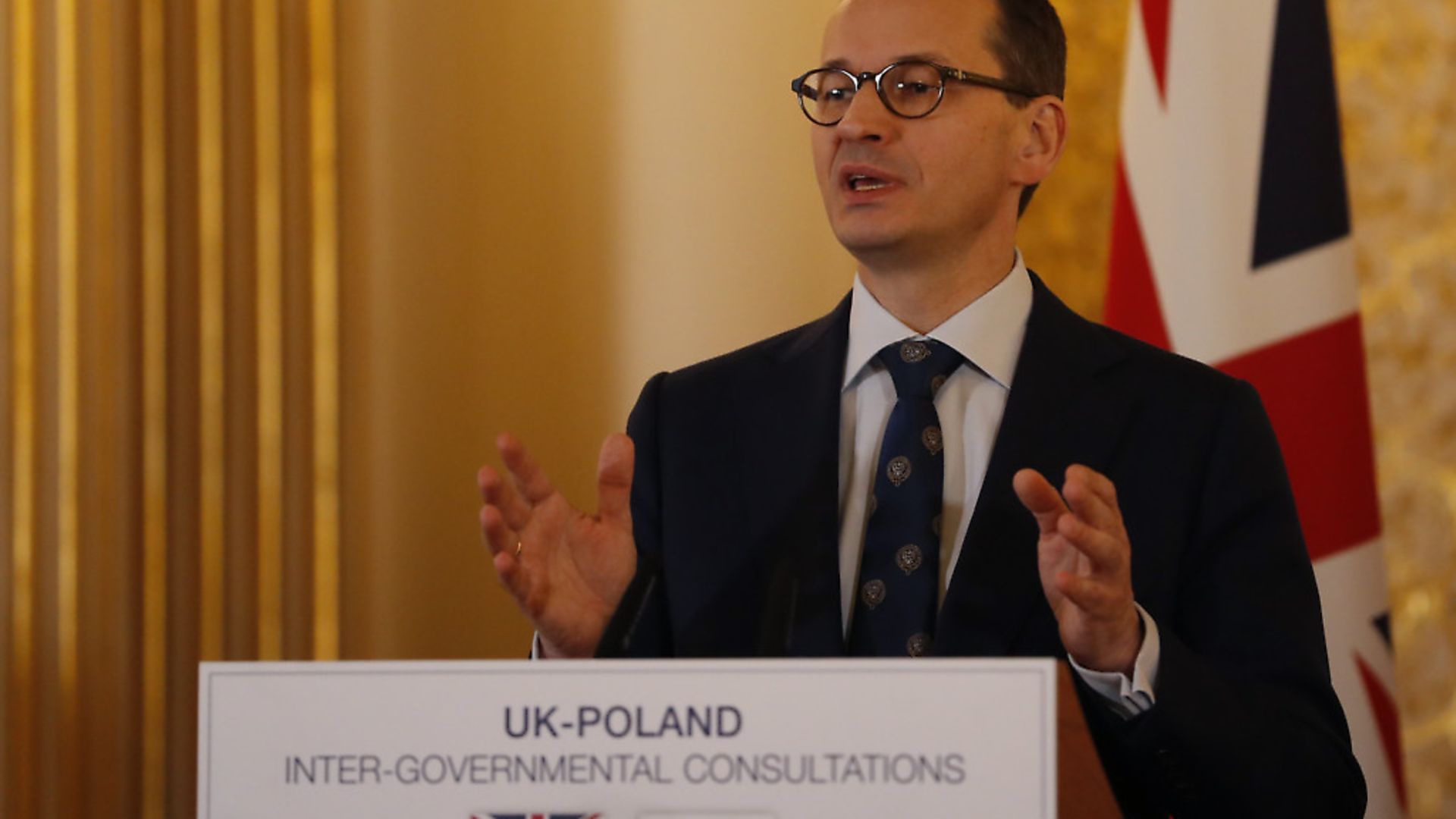 Polish Prime Minister Mateusz Morawiecki during a press conference following the UK-Poland Inter-Governmental Consultations at Lancaster House, London. Photograph: Alastair Grant/PA. - Credit: PA