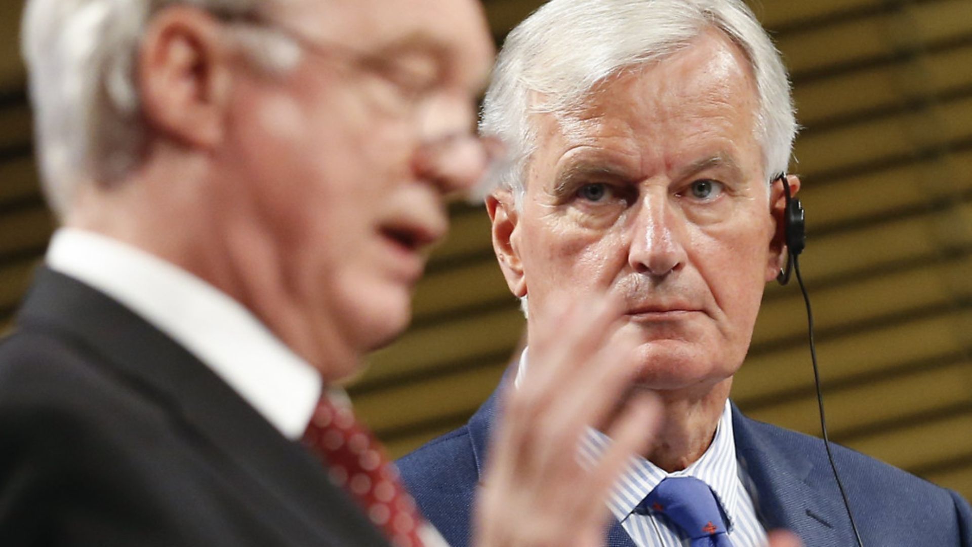 Michel Barnier looks on as former Brexit secretary David Davis speaks in 2017 - Credit: Xinhua News Agency/PA Images